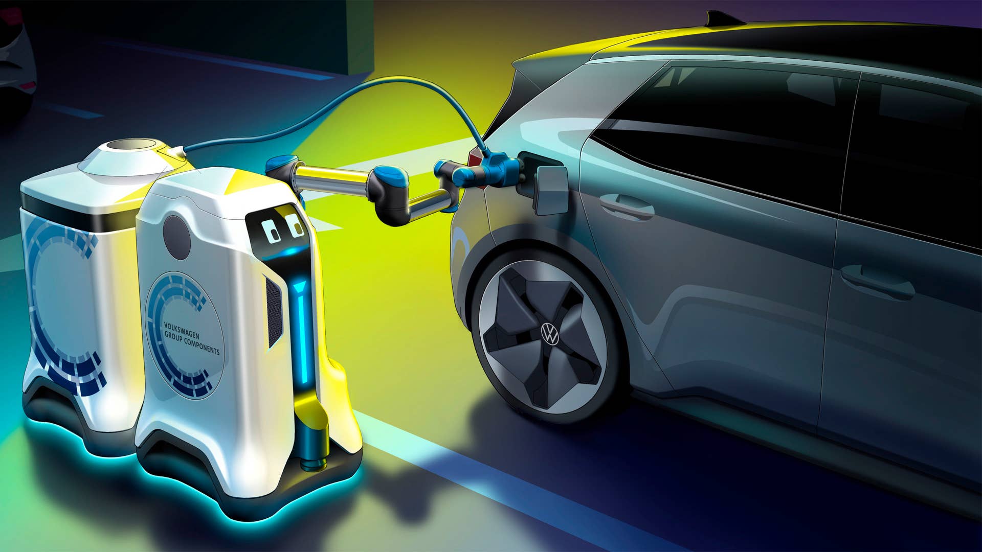 Volkswagen Group Components’ mobile charging robot brings a trailer in the form of a mobile energy storage device to the vehicle.