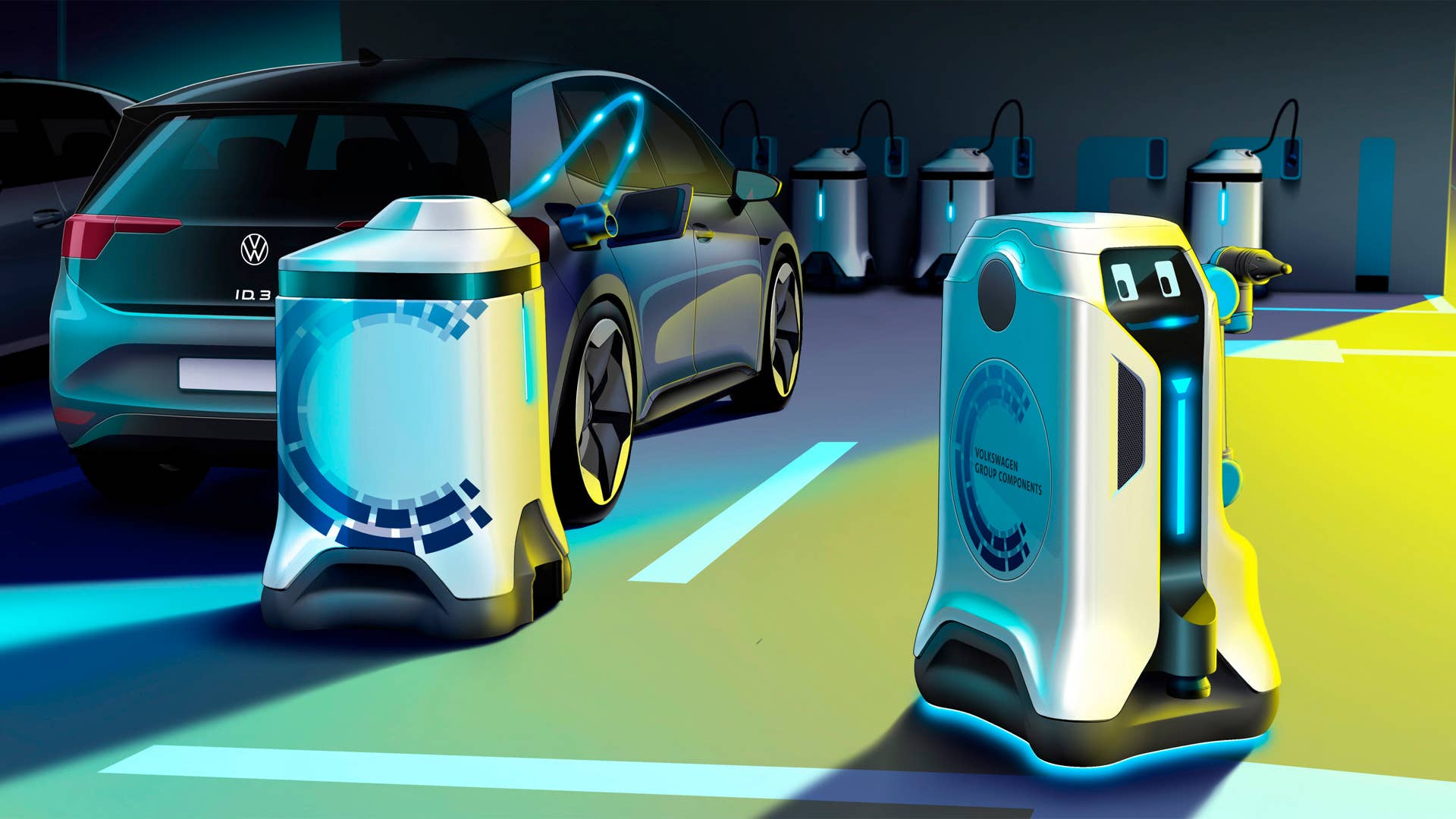 The mobile energy storage device stays with the car during the charging process. The robot uses this time to charge other electric vehicles.