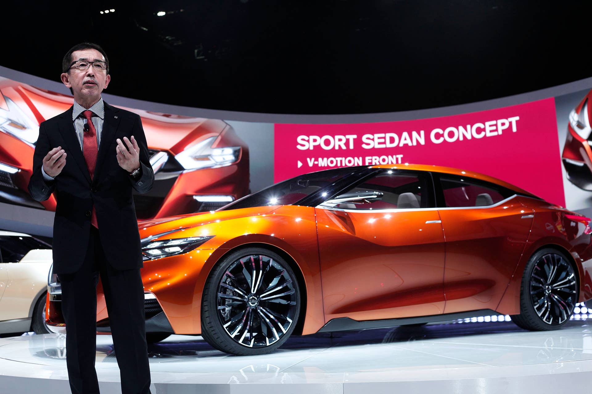 DETROIT, MI - JANUARY 13: Shiro Nakamura, Nissan Senior Vice President and Chief Creative Officer, introduces the Nissan Sports Sedan Concept vehicle at the press preview of the 2014 North American International Auto Show January 13, 2014 in Detroit, Michigan. Approximately 5000 journalists from more than 60 countries are expected to attend. The 2014 NAIAS opens to the public on January 18th and ends January 16th. (Photo by Bill Pugliano/Getty Images)