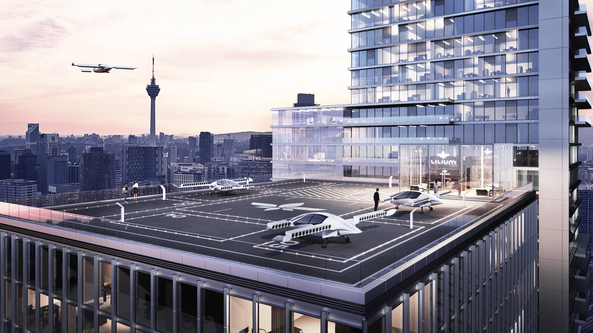 Lilium Jet VTOL aircraft on rooftop landing pad