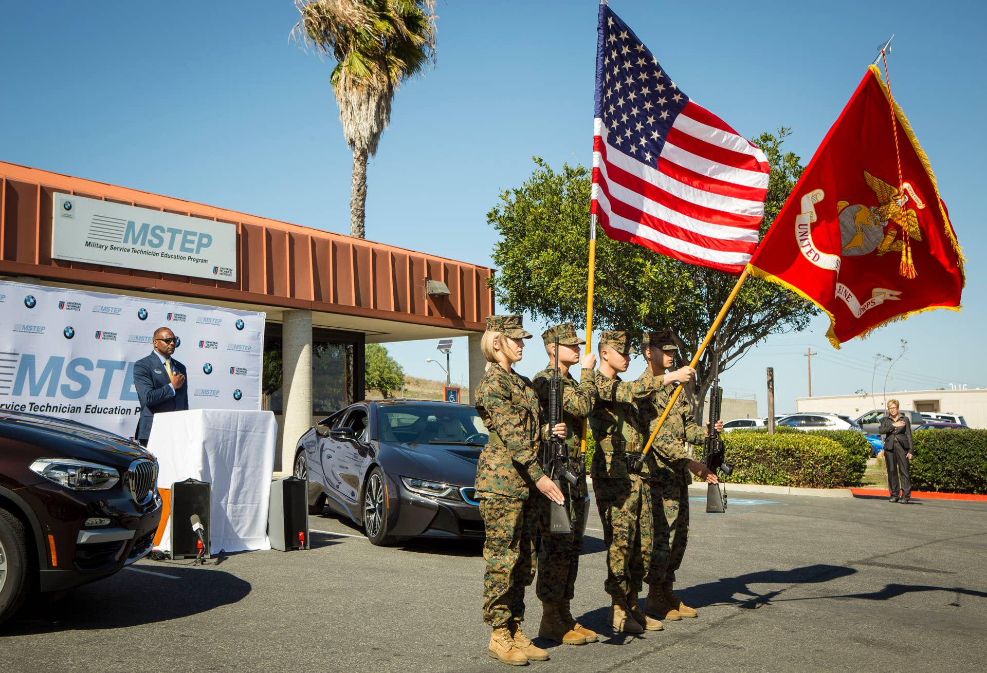 Feb. 15, 2018 - Camp Pendleton, CA - BMW of North America is working with the United States Marine Corps in a first-of-its-kind partnership to open an automotive technician training center on a U.S. military base. Service members at Camp Pendleton, near San Diego, CA., will train for highly technical jobs as they transition to civilian life in the MSTEP (Military Service Technician Education Program). Photo by David Poller/Feature Photo Service for BMW