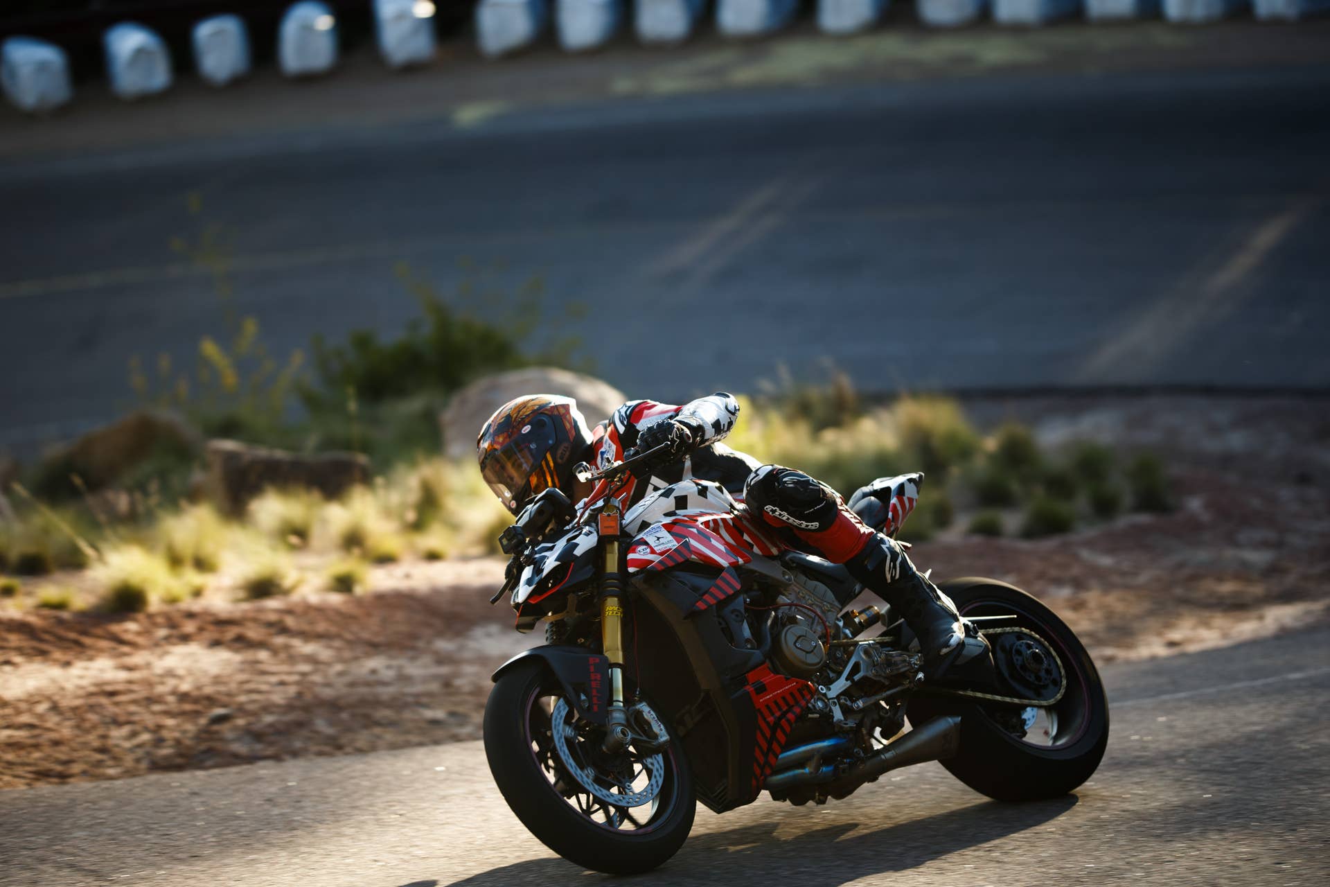 Carline Dunne on a Ducati Streetfighter V4 prototype at Pikes Peak