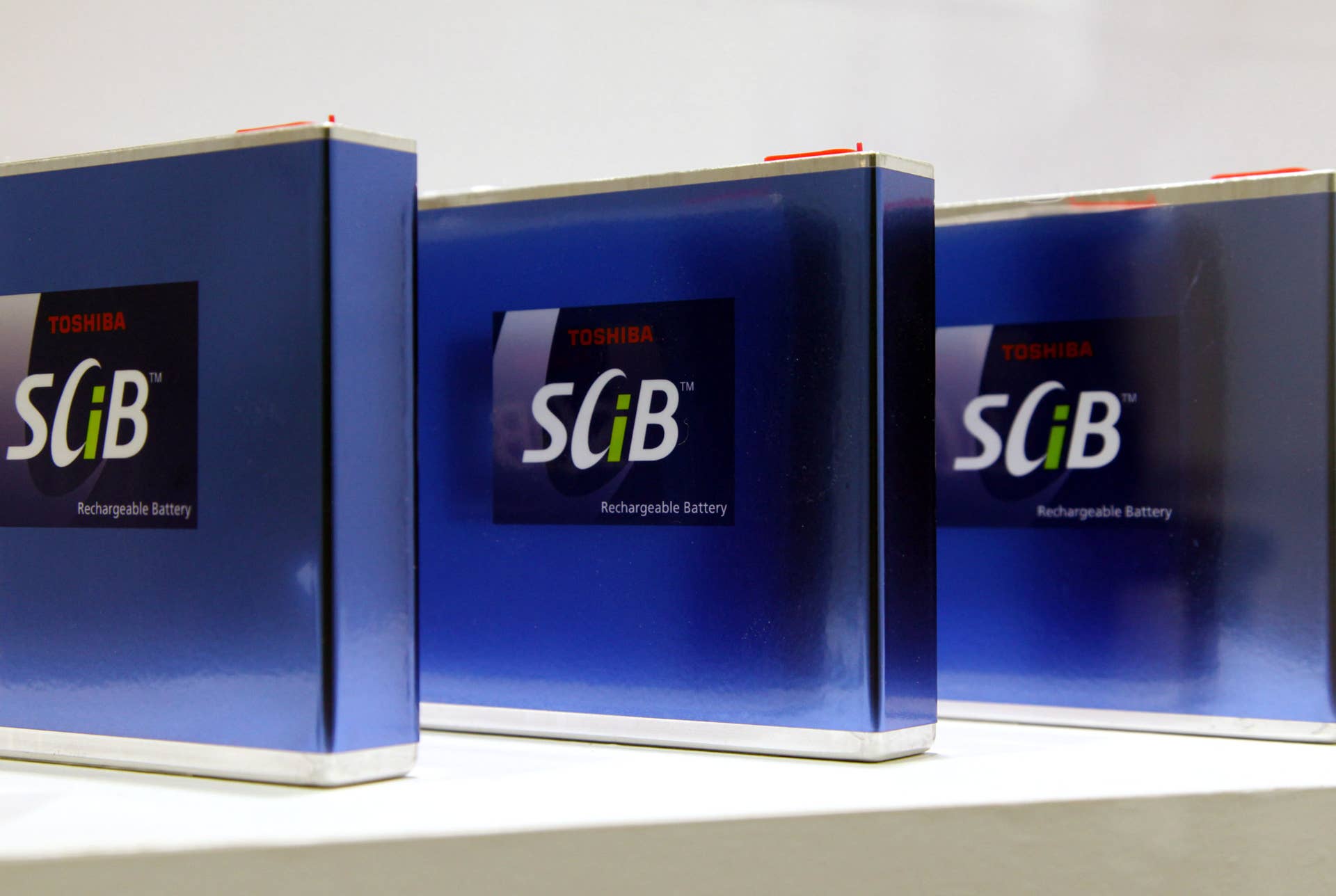 Toshiba Corp. SCiB 20Ah smart batteries are displayed at Smart Energy Week 2012 in Tokyo, Japan, on Wednesday, Feb. 29, 2012. The trade show on products and technologies from energy industries takes place through March 2. Photographer: Haruyoshi Yamaguchi/Bloomberg via Getty Images