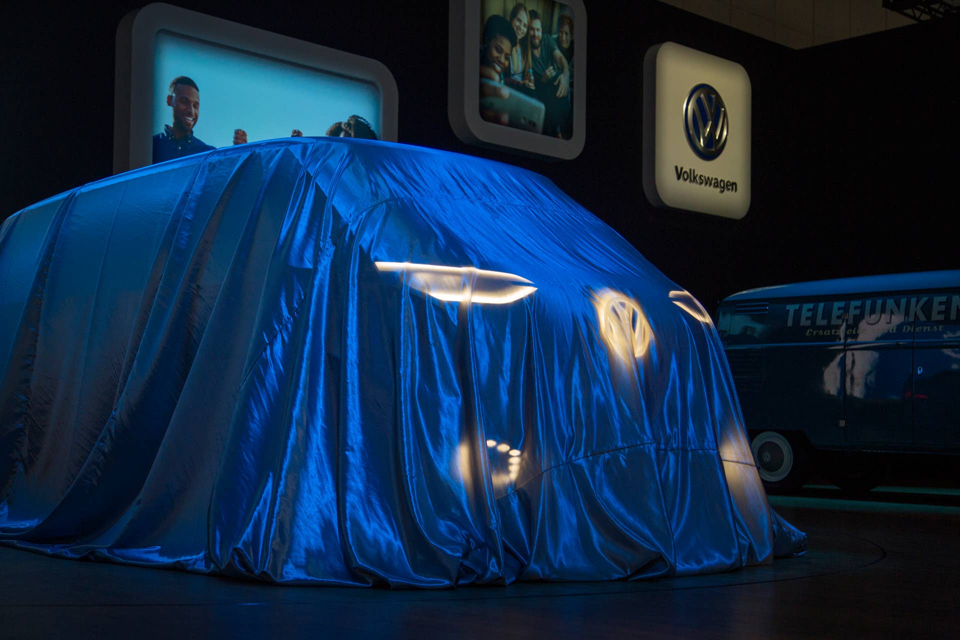 LOS ANGELES, CA - NOVEMBER 28: The Volkswagen I.D. Buzz Cargo Concept awaits unveiling during the auto trade show, AutoMobility LA, at the Los Angeles Convention Center on November 28, 2018 in Los Angeles, California. More than 50 vehicles will debut during AutoMobility LA, which precedes the LA Auto Show, open to the public December 1 through 10. (Photo by David McNew/Getty Images)