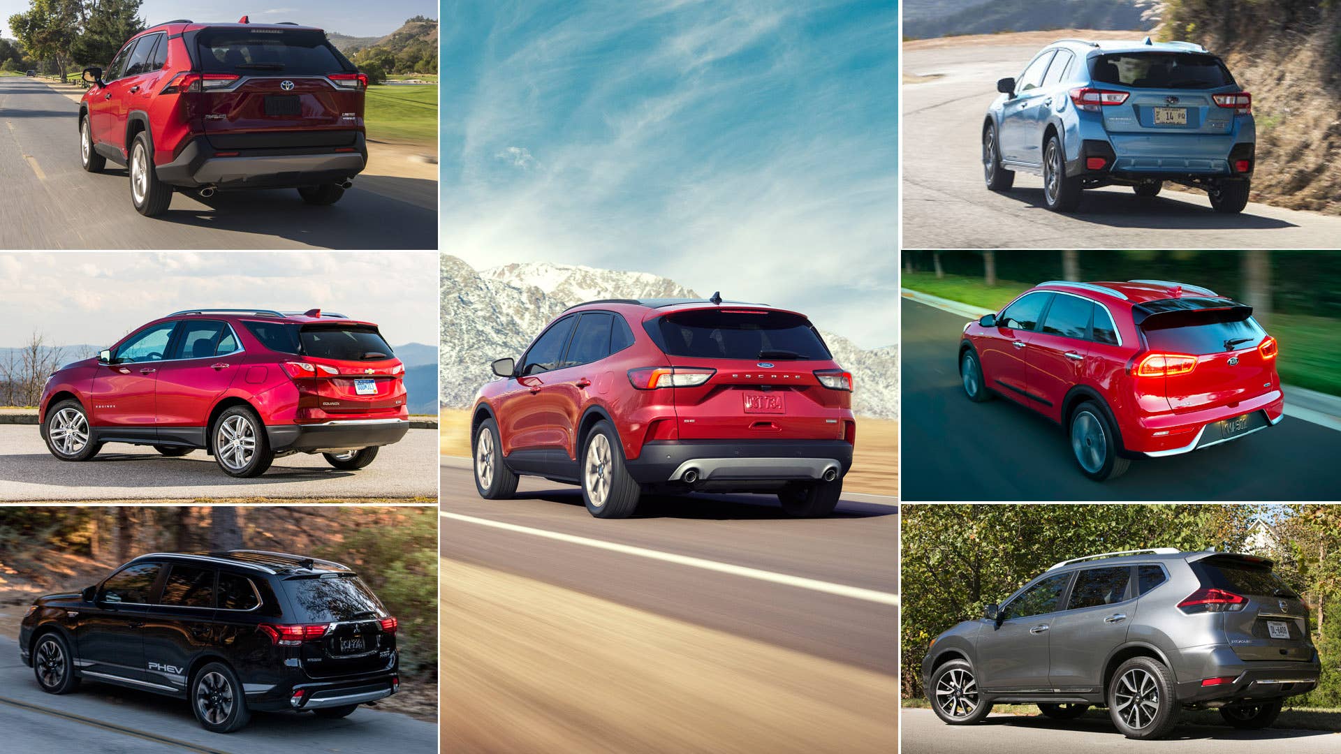 Ford Escape Hybrid versus Toyota RAV4 Hybrid, Chevrolet Equinox Diesel, Mitsubishi Outlander PHEV, Subaru Crosstrek Hybrid, Kia Niro and Nissan Rogue Hybrid