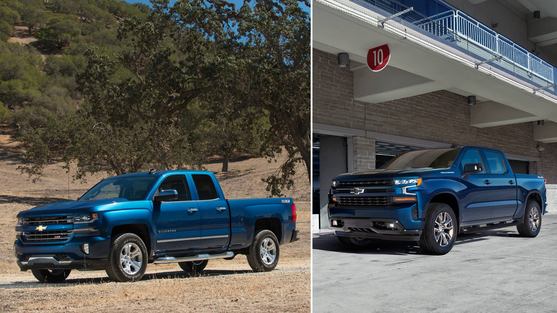 The previous-generation Chevy Silverado, left, will continue to be built in 2019 and will be known as Silverado LD.
