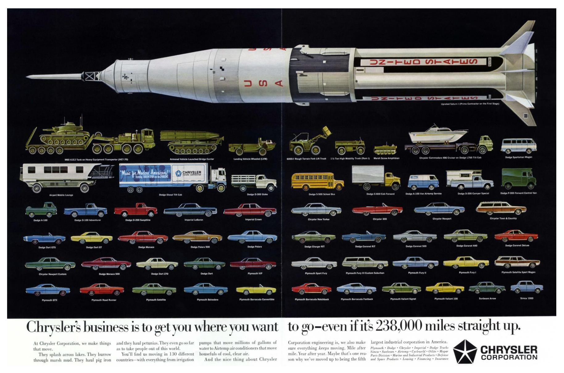 Ad promotes Chrysler's work on the Saturn I and IB launch vehicles.