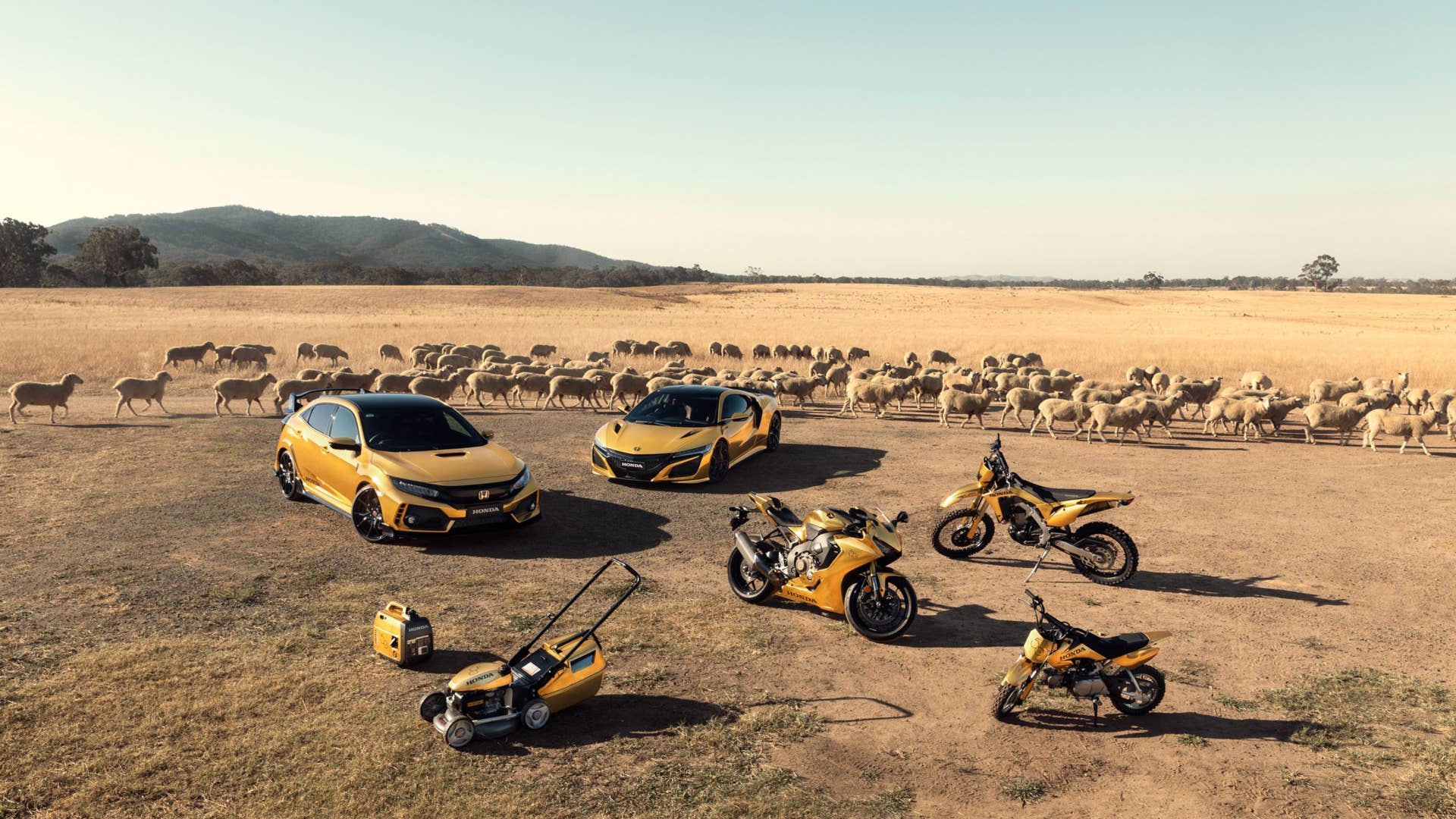To celebrate 50 years in the land down under, Honda released a flurry of gold vehicles including a Civic Type R, an NSX, a generator, a lawnmower, a CBR1000RR, a CRF50F kids bike, and a CRF450L enduro motorcycle.