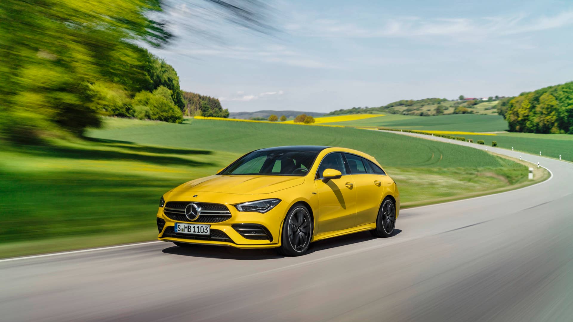 The 302-horsepower Mercedes-AMG CLA 35 Shooting Brake driving at speed
