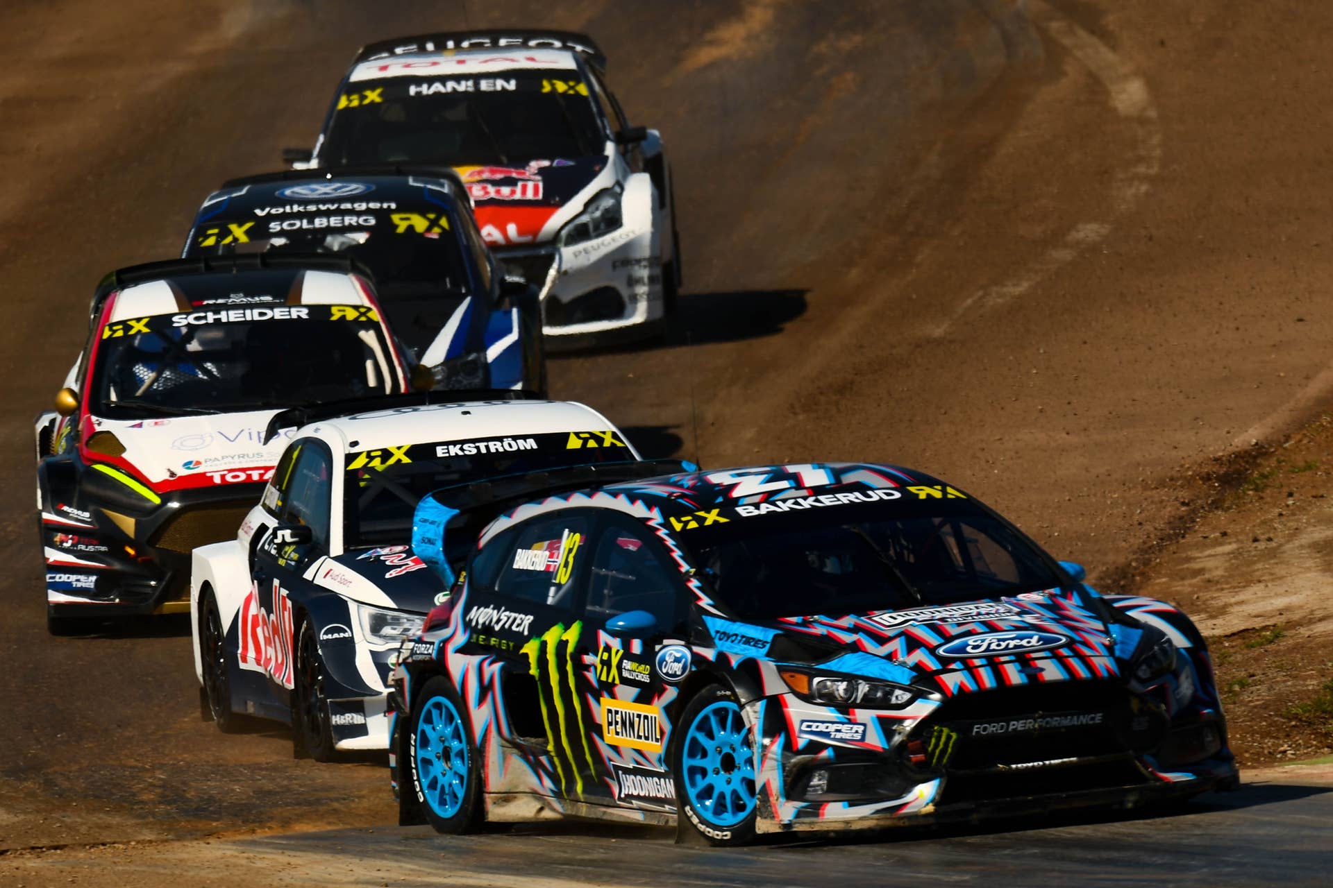 BARCELONA, SPAIN - APRIL 02: Andreas Bakkerud of Norway driving the Ford Focus RS RX Supercar Hoonigan Racing Division leads the fourth qualifying round of the FIA World Rallycross Championship at Circuit de Catalunya on April 2, 2017 in Barcelona, Spain. (Photo by David Ramos/Getty Images)