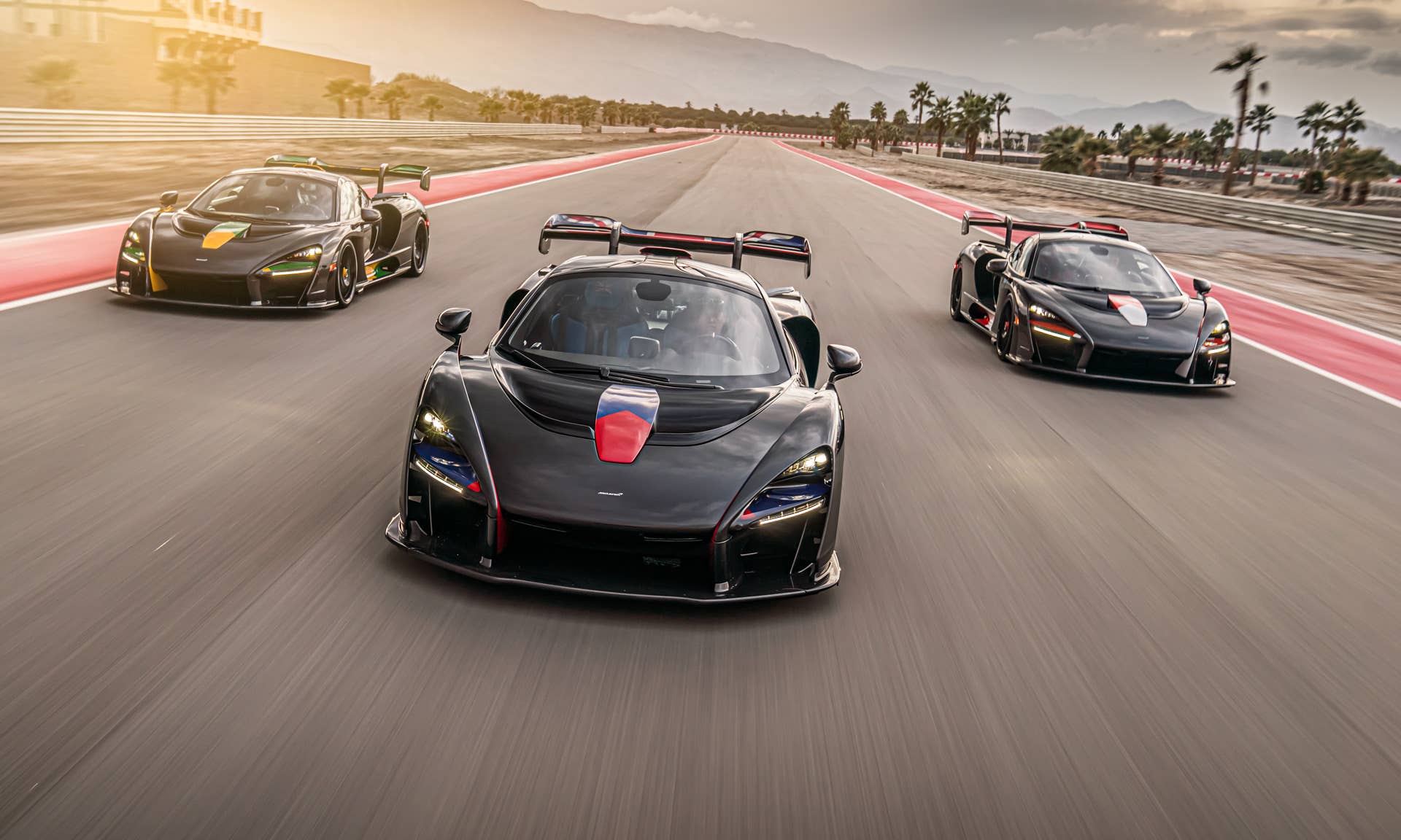 Each car gets a name and celebrates a Formula 1 race track where Ayrton Senna scored an especially outstanding victory. All three are dressed in gloss black carbon fiber, accented with the colors of the F1 circuit's country, and adorned with Ayrton's car number on the wing endplates.