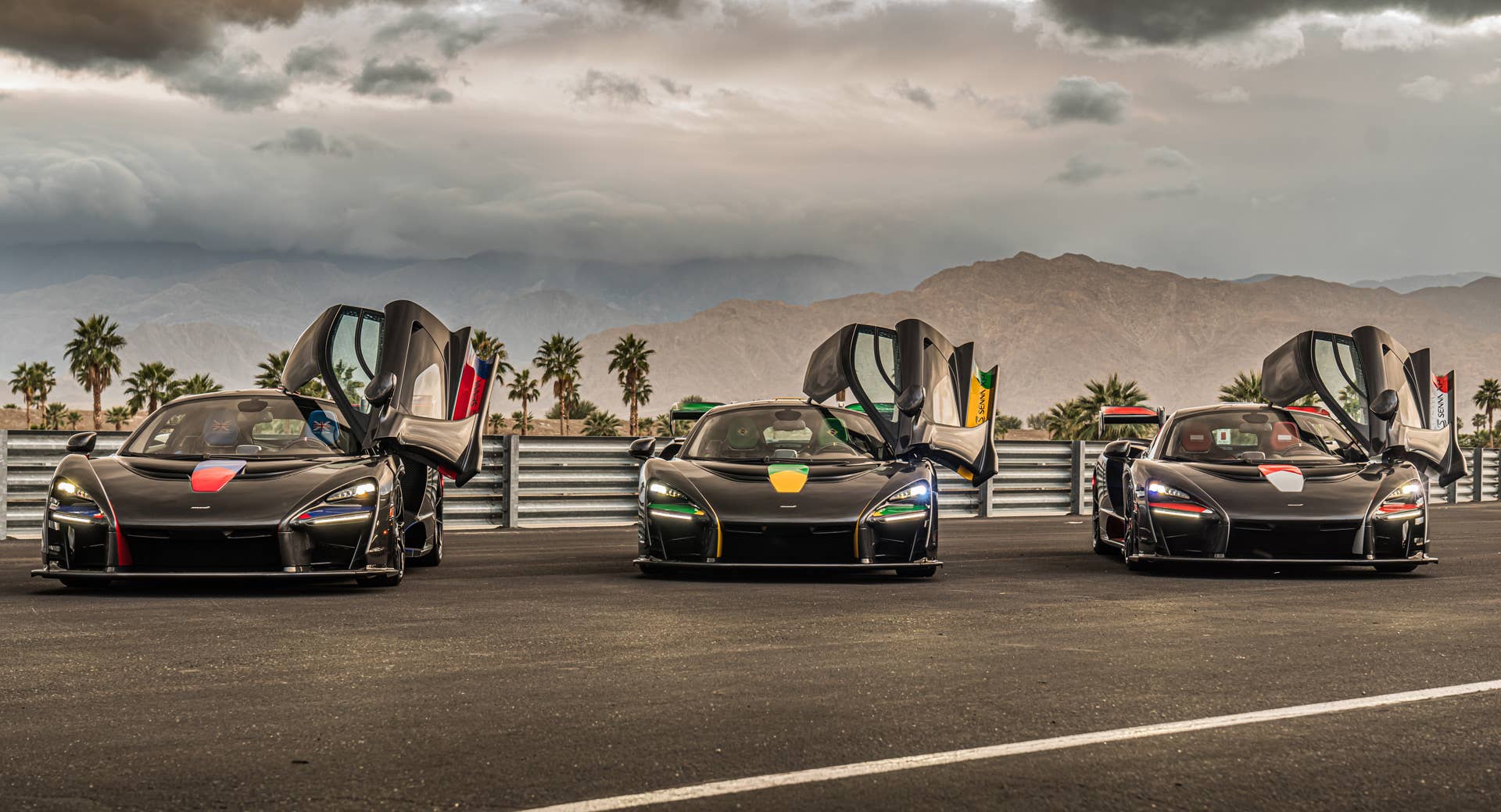 Each car gets a name and celebrates a Formula 1 race track where Ayrton Senna scored an especially outstanding victory. All three are dressed in gloss black carbon fiber, accented with the colors of the F1 circuit's country, and adorned with Ayrton's car number on the wing endplates.