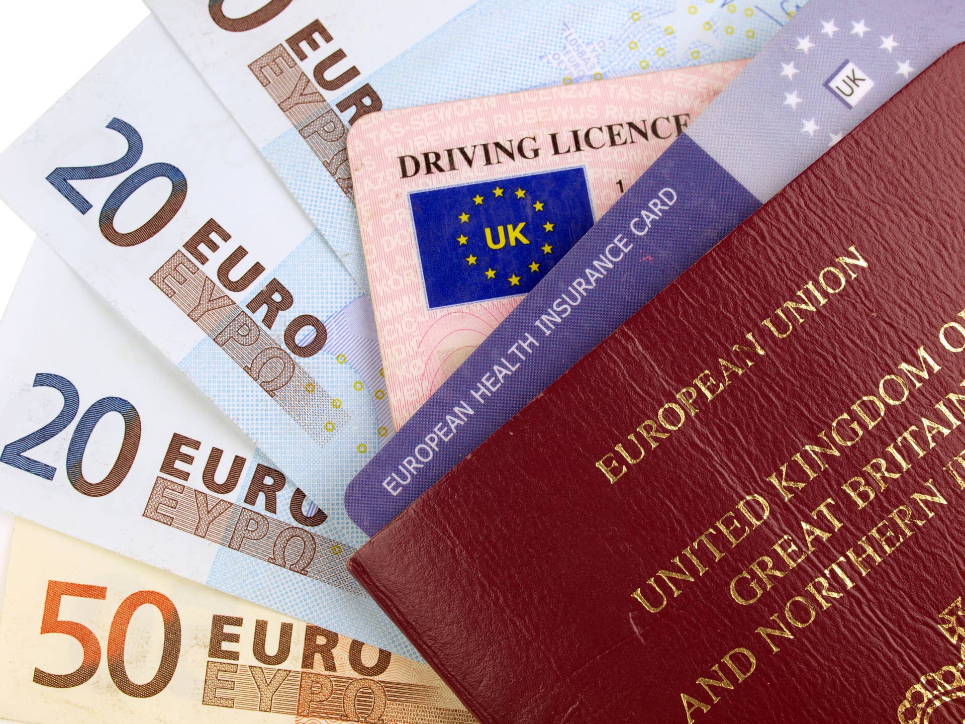 Necessities for the UK traveller to Europe - UK passport, driving licence, health insurance card and Euro currency