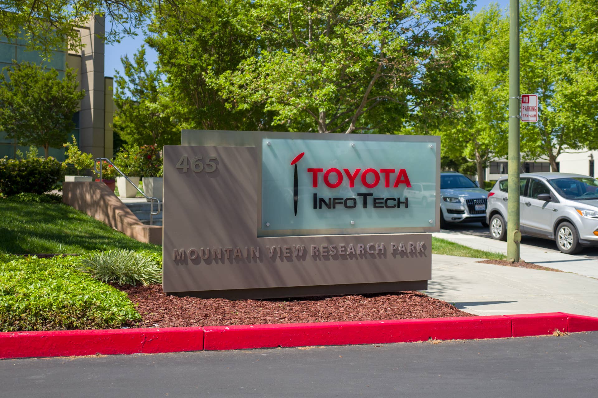 Sign at entrance to Toyota Infotech, a technology research division of carmaker Toyota, in the Silicon Valley, Mountain View, California, May 3, 2019. (Photo by Smith Collection/Gado/Getty Images)