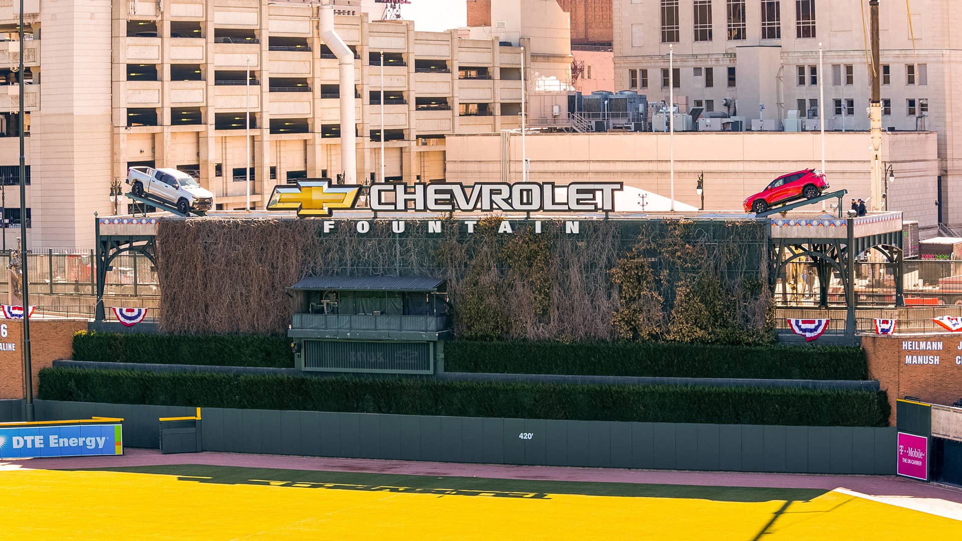 Comerica Park added a Chevrolet Silverado and Blazer to its in-park fountain for the 2019-2020 season.