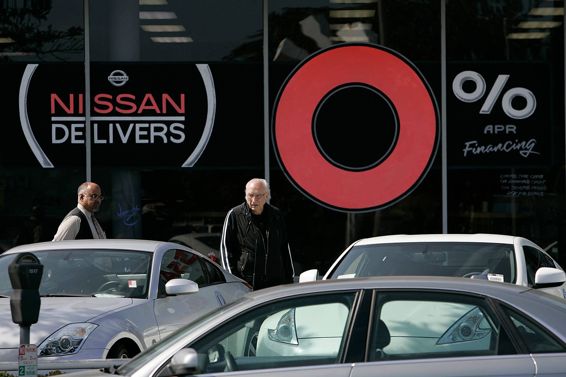 In addition to low interest loans, some car dealers, electronics stores and other merchants are using the April 1st sales tax increase to drive sales in March. A Nissan dealership in Santa Monica, March 26, 2009 advertises a zero interest loan. (Photo by Spencer Weiner/Los Angeles Times via Getty Images)