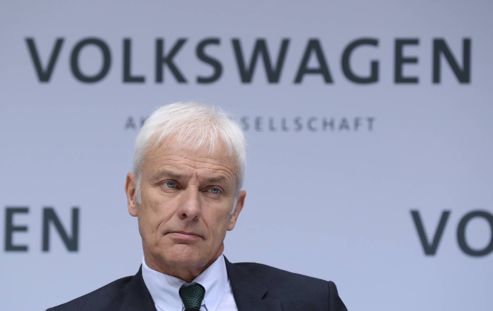 WOLFSBURG, GERMANY - MARCH 14: Matthias Mueller, Chairman of German automaker Volkswagen AG, attends the company's annual press conference to present its financial results for 2016 on March 14, 2017 in Wolfsburg, Germany. The company has mostly settled it legal disputes with authorities in the USA over its diesel emissions manipulations though it still faces a number of lawsuits and investigations in Europe where it sold a much larger number of affected cars. (Photo by Sean Gallup/Getty Images)