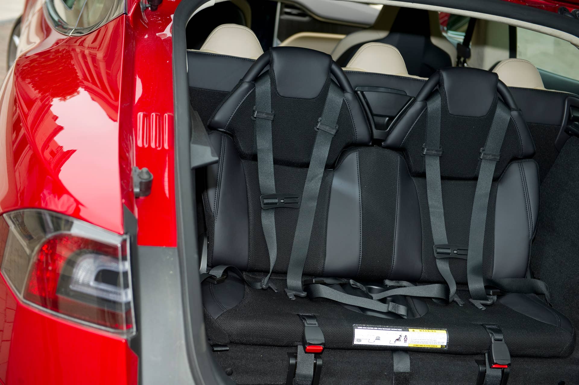 BOSTON, MA - JUNE 06: Rear facing child seats in the Model S electric sports sports sedan on June 6, 2013 in Boston, Massachusetts. Tesla Motors, based in Silicon Valley, began delivering the Model S in North America in 2012. (Photo by Ann Hermes/The Christian Science Monitor via Getty Images)