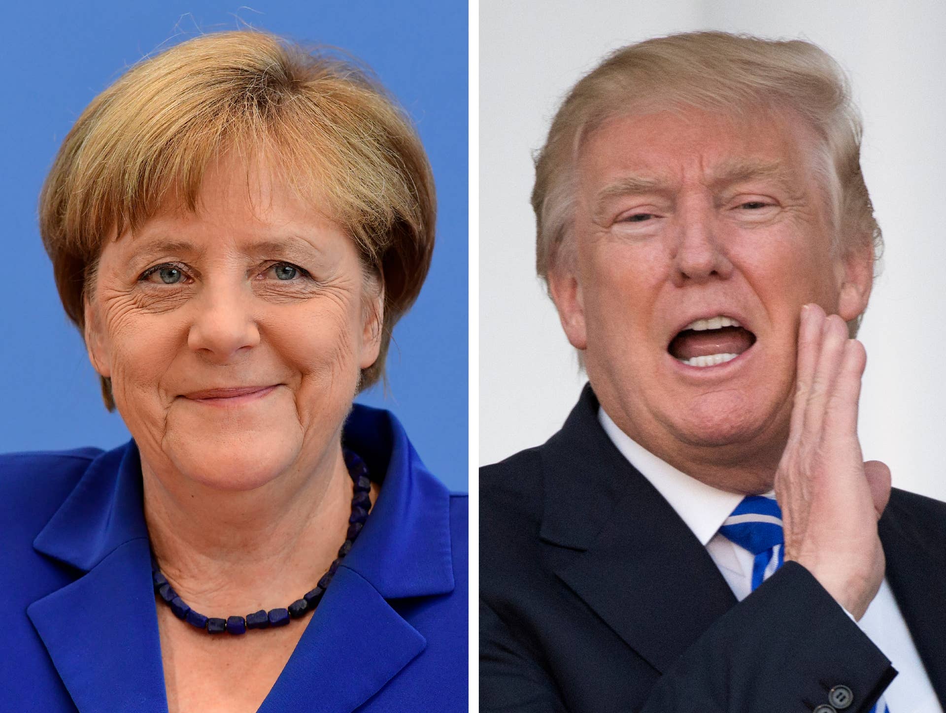 (COMBO) This combination of file photos created on January 16, 2017 shows US President-elect Donald Trump (top, November 19, 2016 in Bedminster, New Jersey) and German Chancellor Angela Merkel (September 14, 2016 in Berlin). Chancellor Angela Merkel made a 'catastrophic mistake' in letting migrants flood into Germany, US President-elect Donald Trump said in a newspaper interview on January 15, 2017. / AFP / Don EMMERT AND Tobias SCHWARZ (Photo credit should read DON EMMERT,TOBIAS SCHWARZ/AFP/Getty Images)