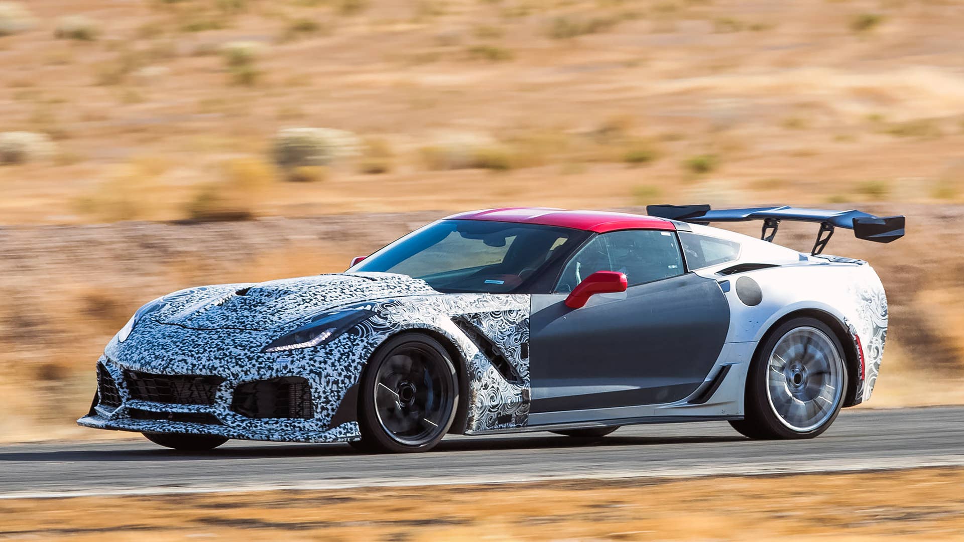 The camouflage 2019 Chevrolet Corvette ZR1 Wednesday, November 29, 2017 at Willow Springs Raceway in Rosamond, California. (Photo by Dan MacMedan for Chevrolet)