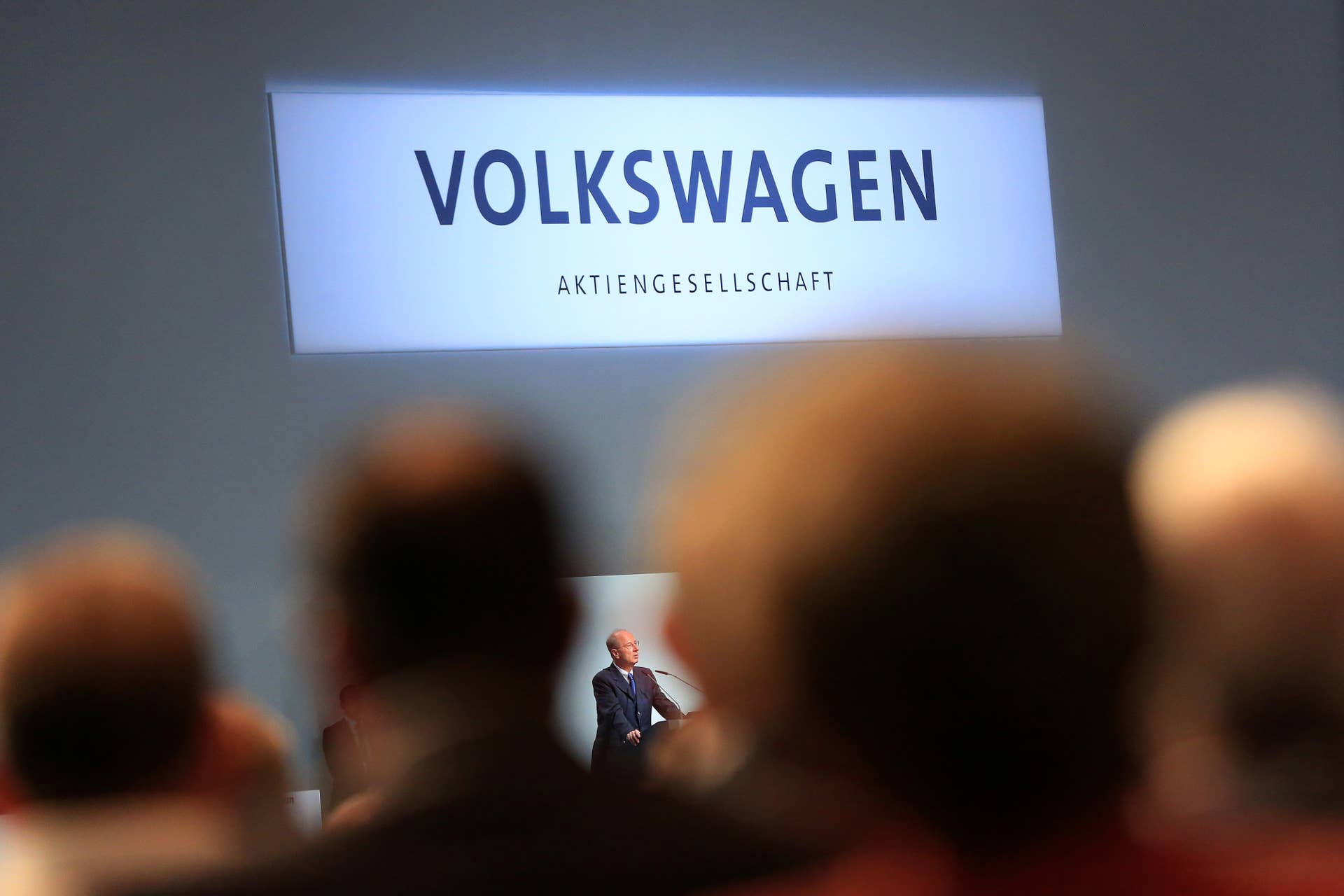 Hans Dieter Poetsch, chairman of Volkswagen AG (VW), speaks to shareholders during an annual general meeting (AGM) in Hannover, Germany, on Wednesday, June 22, 2016. Matthias Mueller, chief executive officer of Volkswagen AG, sought to appease shareholder anger over the worst crisis in the carmakers history by shoring up internal controls to prevent a repeat of the diesel-emissions scandal. Photographer: Krisztian Bocsi/Bloomberg via Getty Images