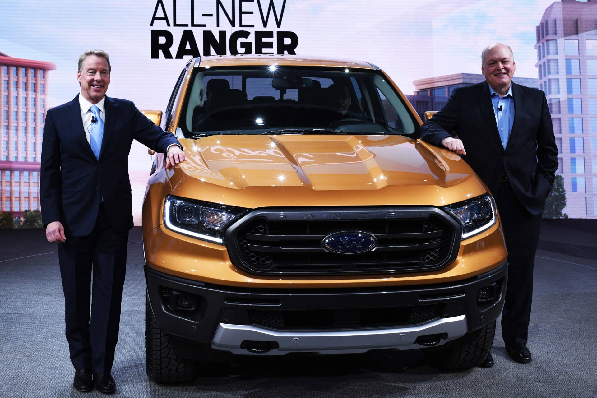 Bill Ford (L), executive chairman of the Ford Motor Company, and Jim Hackett (R), President and CEO, pose with the 2019 Ford Ranger during the press preview at the 2018 North American International Auto Show (NAIAS) in Detroit, Michigan, on January 14, 2018. The Detroit Auto Show got rolling on January 14, with international trade and tax cuts dominating the conversation, even as carmakers raced to meet Americans' seemingly insatiable appetite for trucks and SUVs. / AFP PHOTO / Jewel SAMAD (Photo credit should read JEWEL SAMAD/AFP/Getty Images)