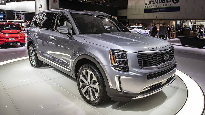Kia's new three-row Telluride SUV at the 2019 Detroit Auto Show, front three-quarter view.