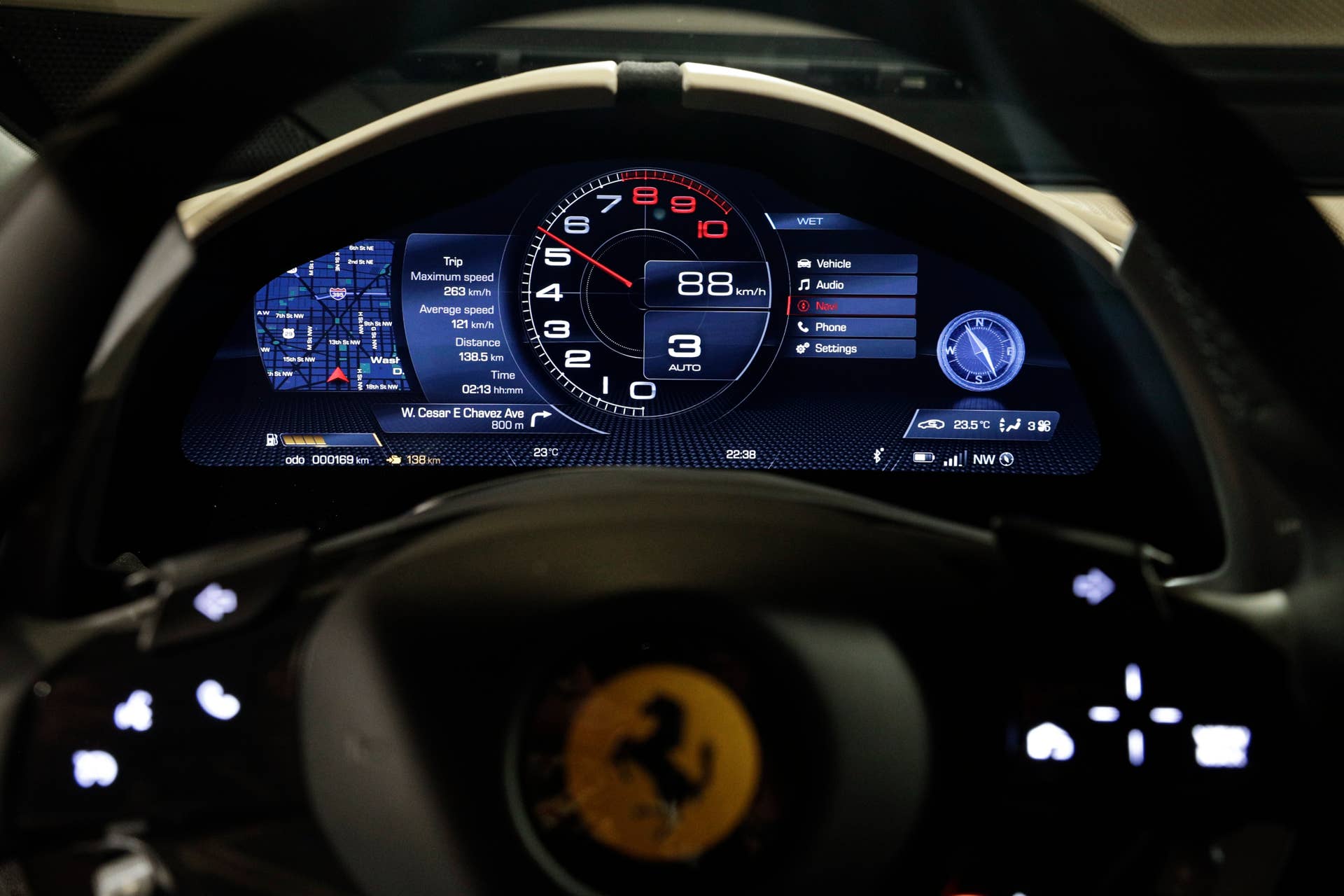 The dashboard of the Ferrari Roma car, unveiled in Rome, Thursday, Nov. 14, 2019. Ferrari unveils a new sports coupe aimed at enticing entry-level buyers and competing with the Porsche 911, part of a complete refresh of its model lineup by 2022. (AP Photo/Gregorio Borgia)