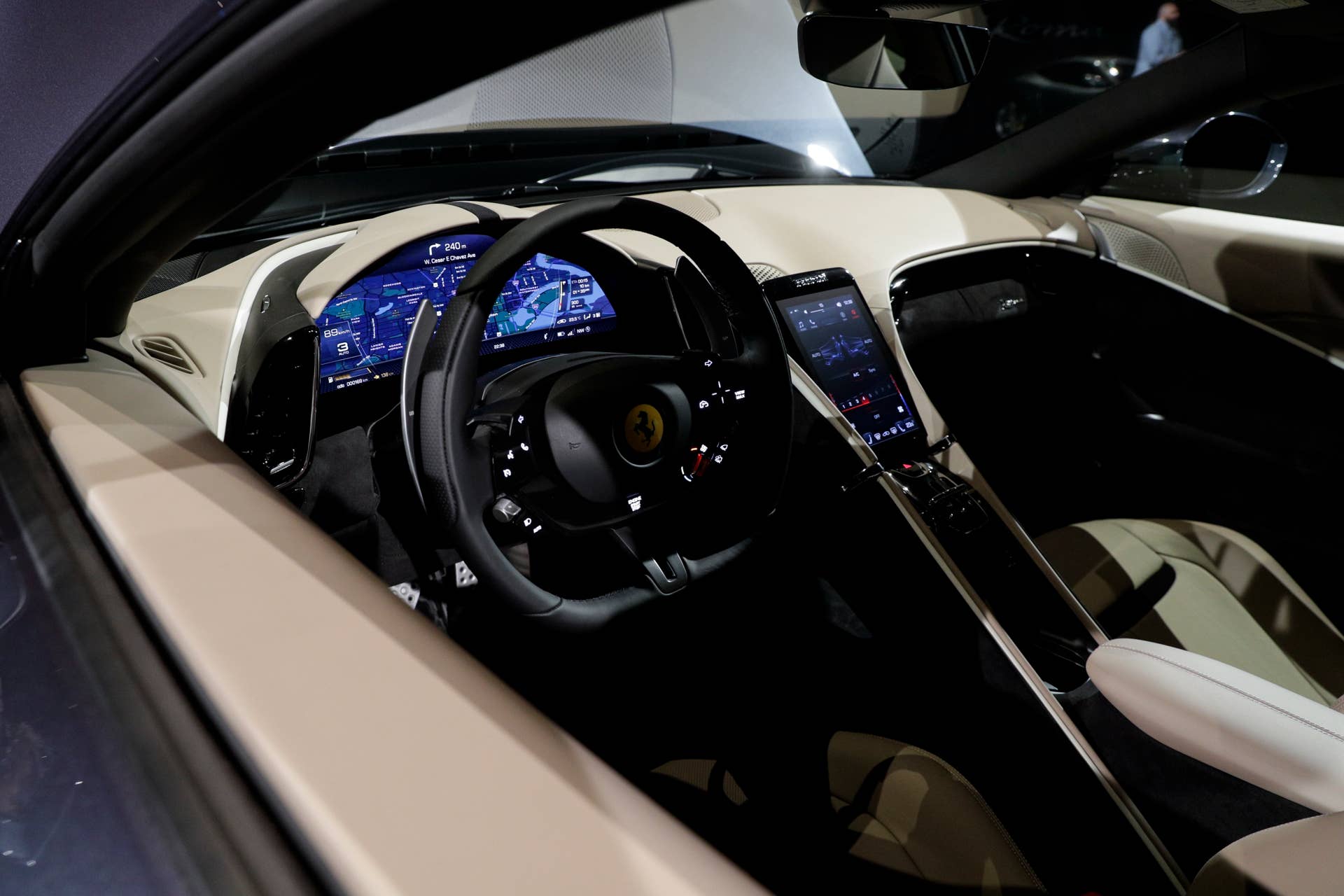 A view of the cockpit of the Ferrari Roma that was unveiled in Rome, Thursday, Nov. 14, 2019. Ferrari unveils a new sports coupe aimed at enticing entry-level buyers and competing with the Porsche 911, part of a complete refresh of its model lineup by 2022. (AP Photo/Gregorio Borgia)
