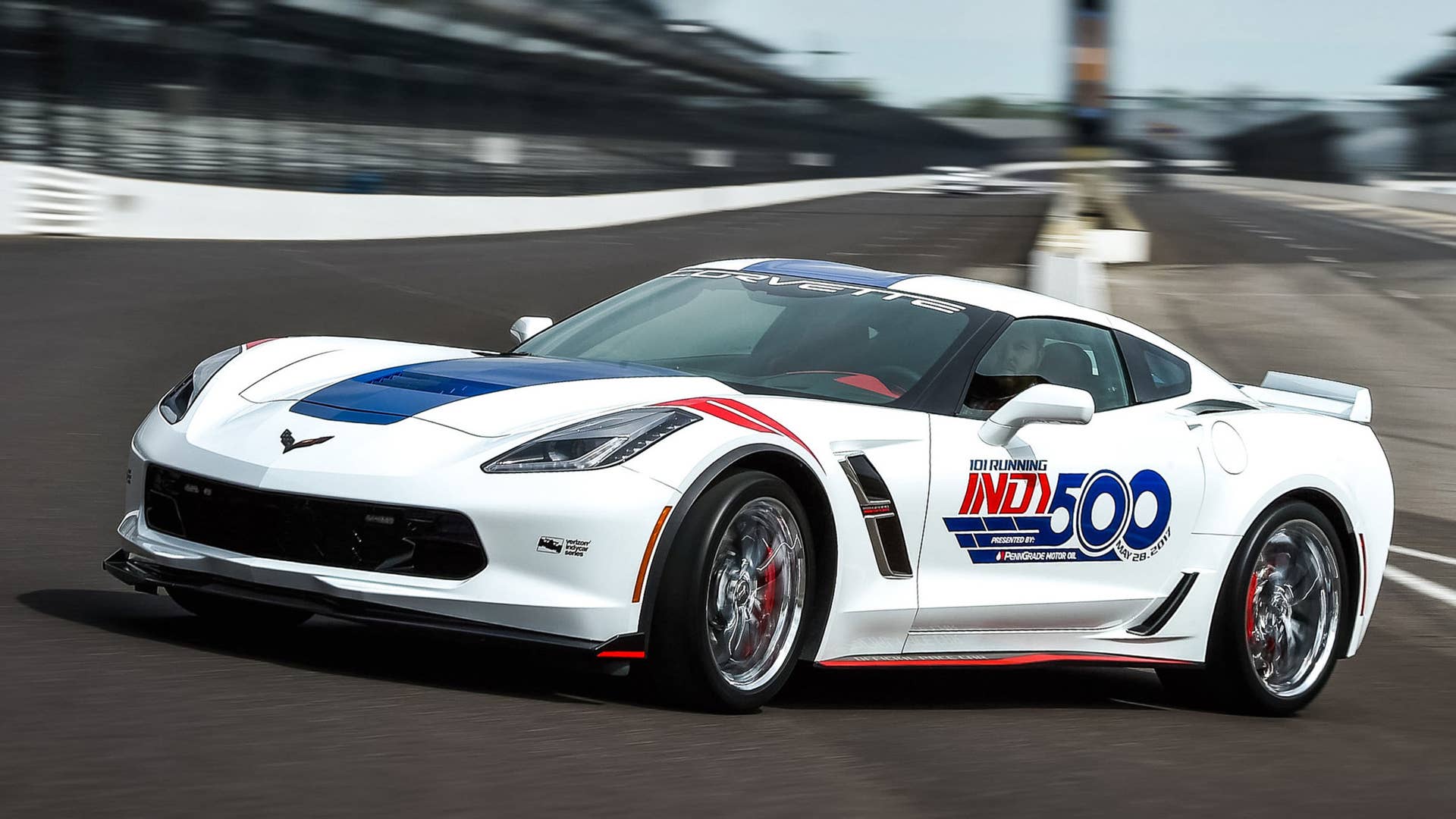 The 2017 Chevrolet Corvette Grand Sport Indianapolis 500 Pace Car at Indianapolis Motor Speedway in Indianapolis, Indiana. The Corvette Grand Sport will pace the field at the start of the Verizon IndyCar Series Indianapolis 500 race on Sunday, May 28, 2017. (Photo by Chris Owens/IMS for Chevy Racing)