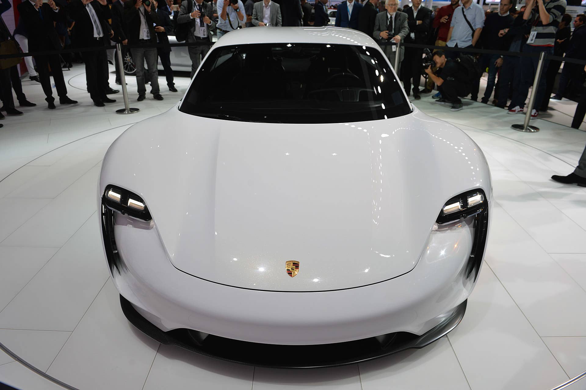 The Porsche Mission E concept, showed off at the 2015 Frankfurt Motor Show, front view.
