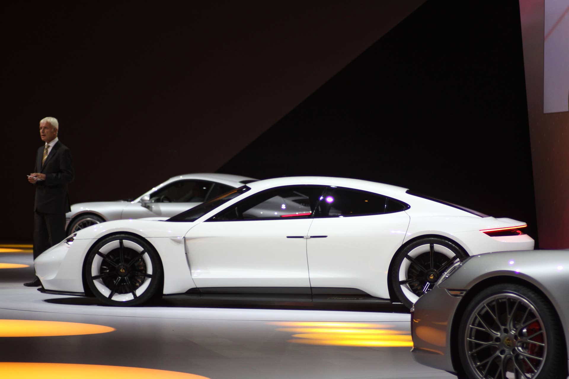 The electric Porsche Mission E concept, showed off at the Volkswagen Group Night ahead of the 2015 Frankfurt Motor Show, driver's side view.