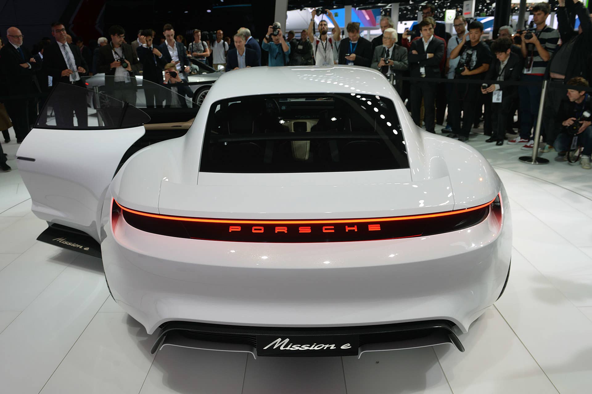 The Porsche Mission E concept, showed off at the 2015 Frankfurt Motor Show, rear view.