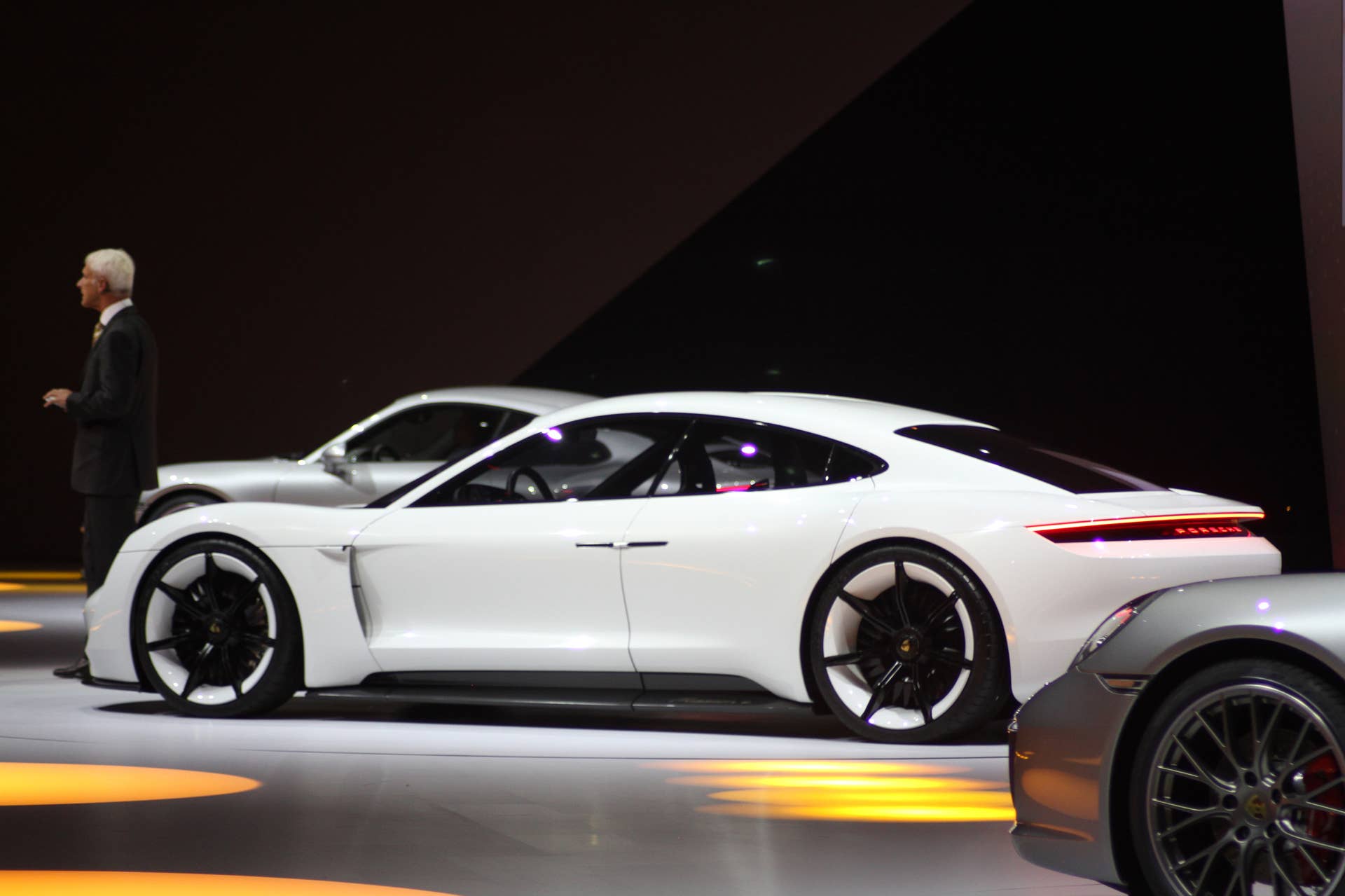 The electric Porsche Mission E concept, showed off at the Volkswagen Group Night ahead of the 2015 Frankfurt Motor Show, side.