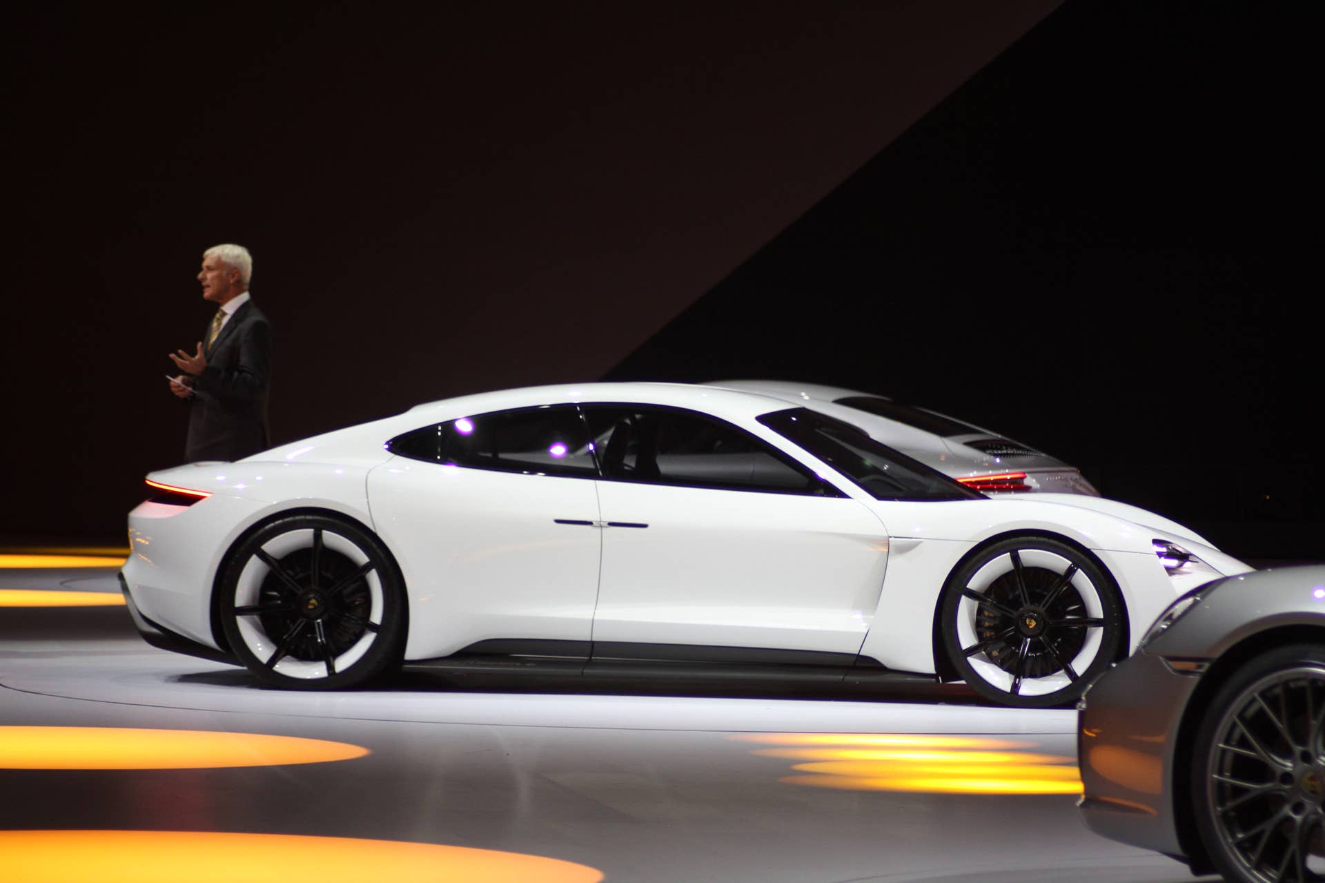 The electric Porsche Mission E concept, showed off at the Volkswagen Group Night ahead of the 2015 Frankfurt Motor Show, passenger's side view.