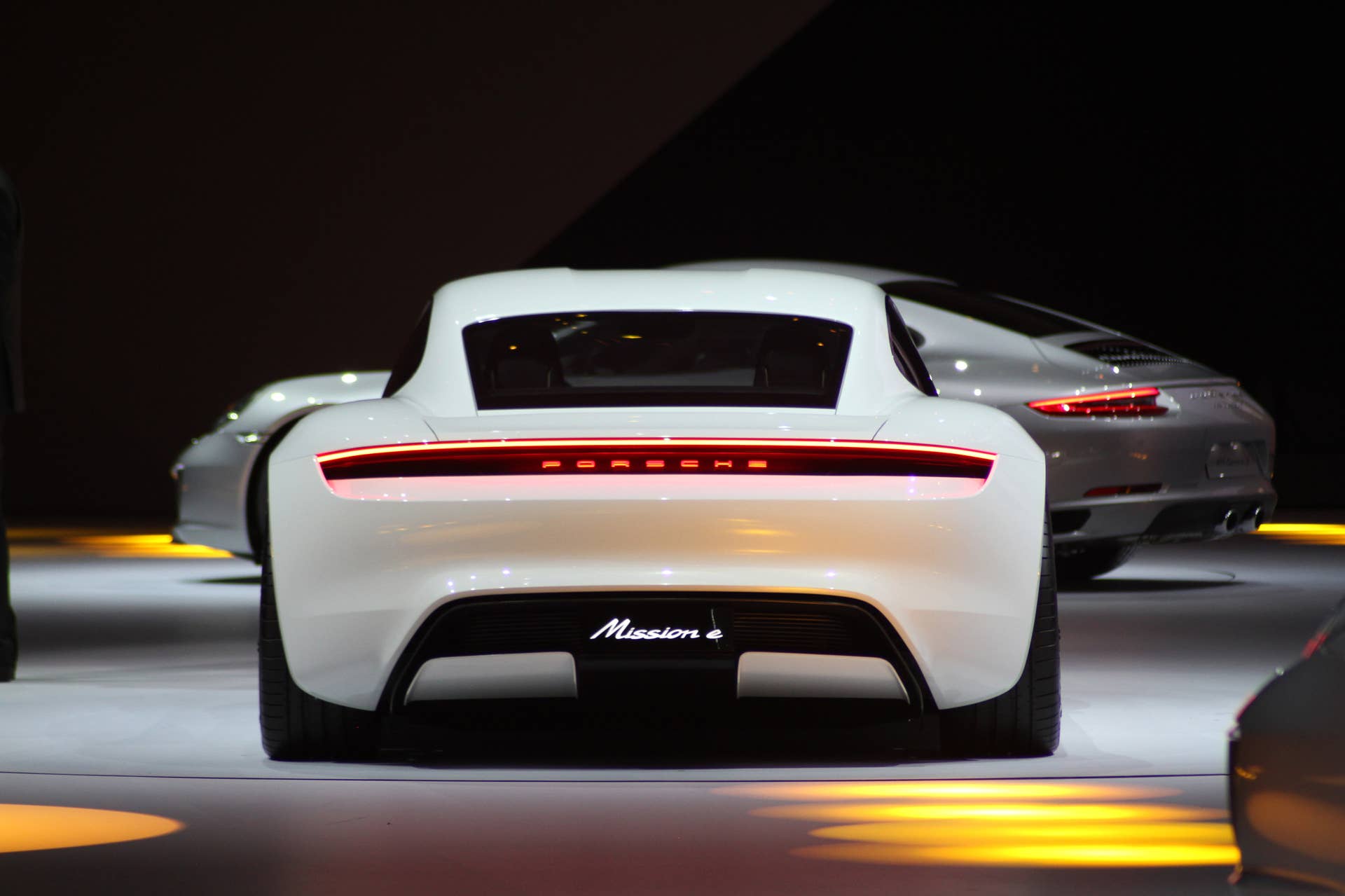 The electric Porsche Mission E concept, showed off at the Volkswagen Group Night ahead of the 2015 Frankfurt Motor Show, rear.