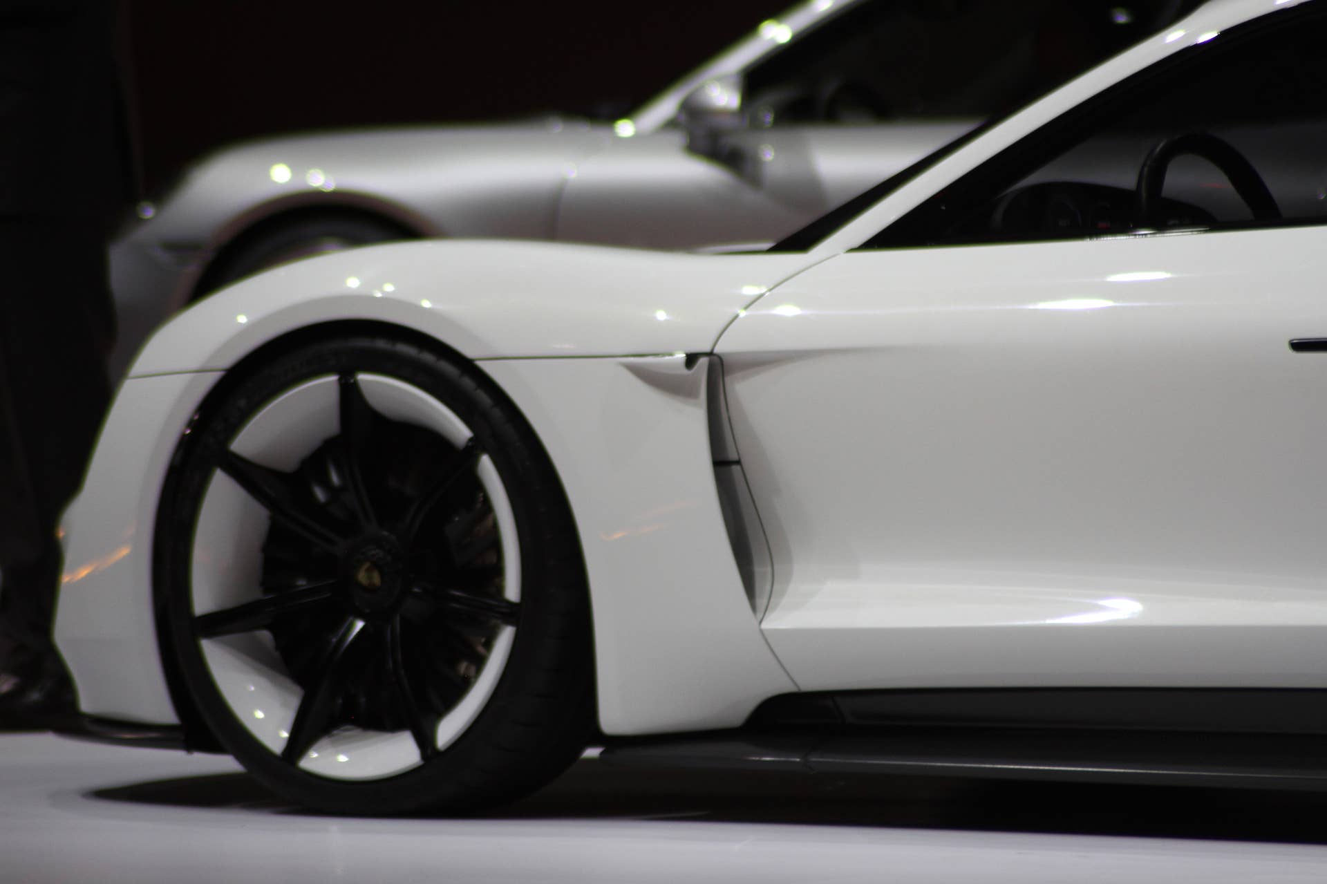 The electric Porsche Mission E concept, showed off at the Volkswagen Group Night ahead of the 2015 Frankfurt Motor Show, front vent and side camera detail.
