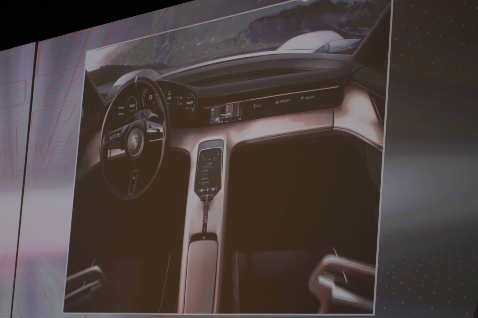 The electric Porsche Mission E concept, showed off at the Volkswagen Group Night ahead of the 2015 Frankfurt Motor Show, presentation slide of the interior.