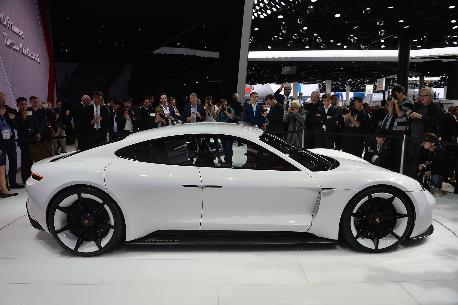 The Porsche Mission E concept, showed off at the 2015 Frankfurt Motor Show, side view.