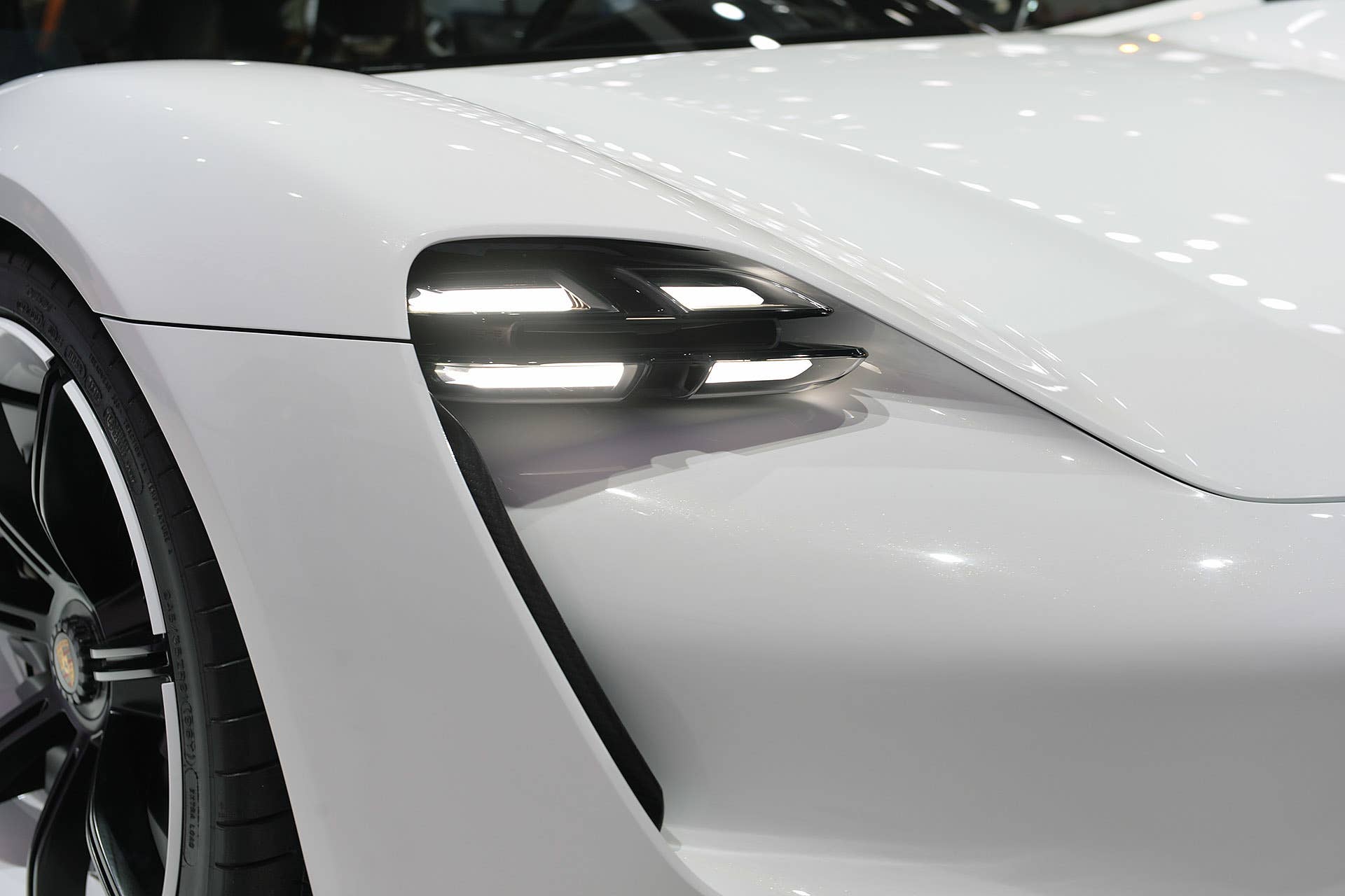 The Porsche Mission E concept, showed off at the 2015 Frankfurt Motor Show, headlight detail.