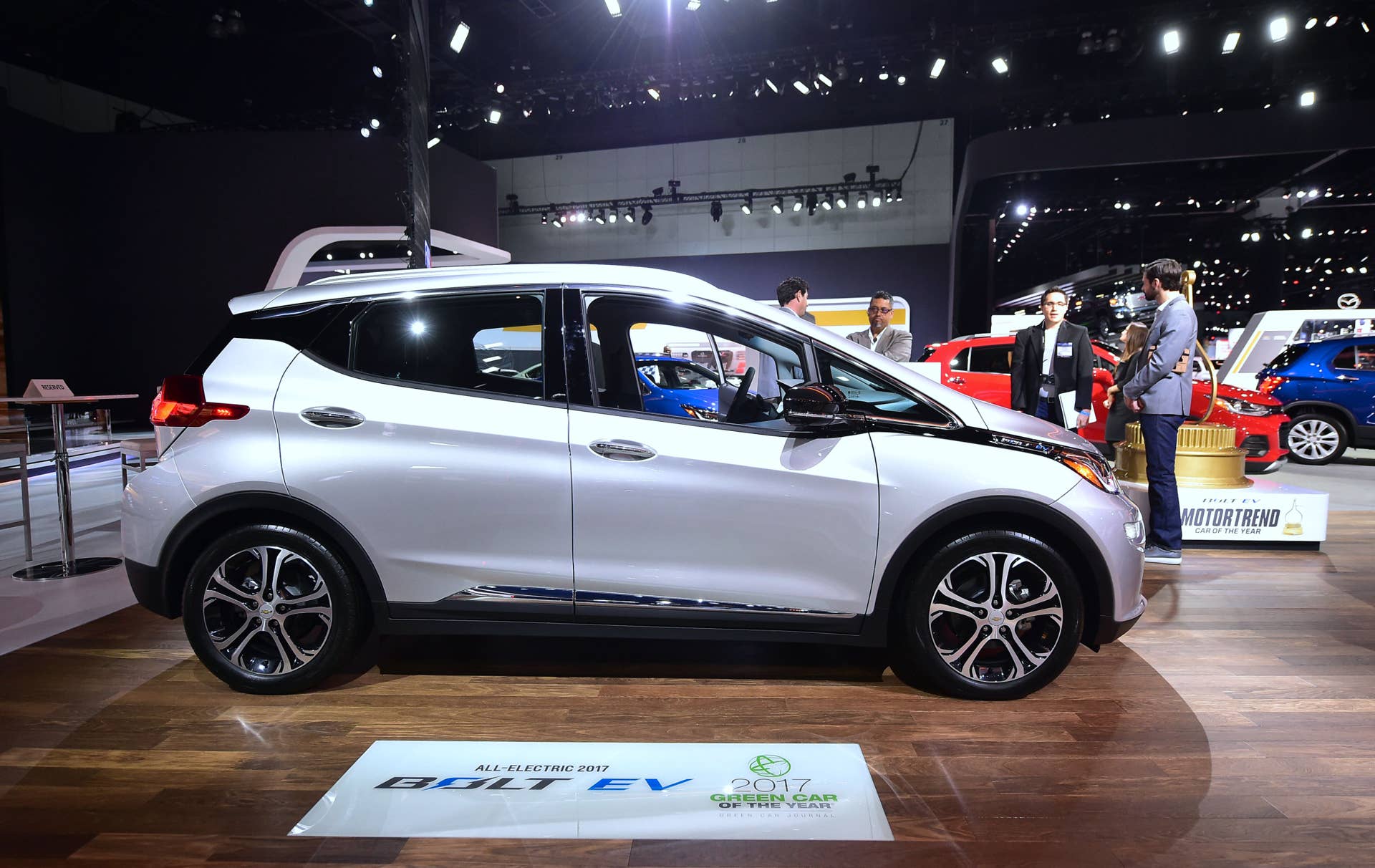 The Chevy Bolt EV, winner of the 2017 Green Car of the Year award, is on display on the second of two press days at the Los Angeles Autoshow, now called Automobility LA, in Los Angeles, California on November 17, 2016. / AFP / Frederic J. BROWN (Photo credit should read FREDERIC J. BROWN/AFP/Getty Images)