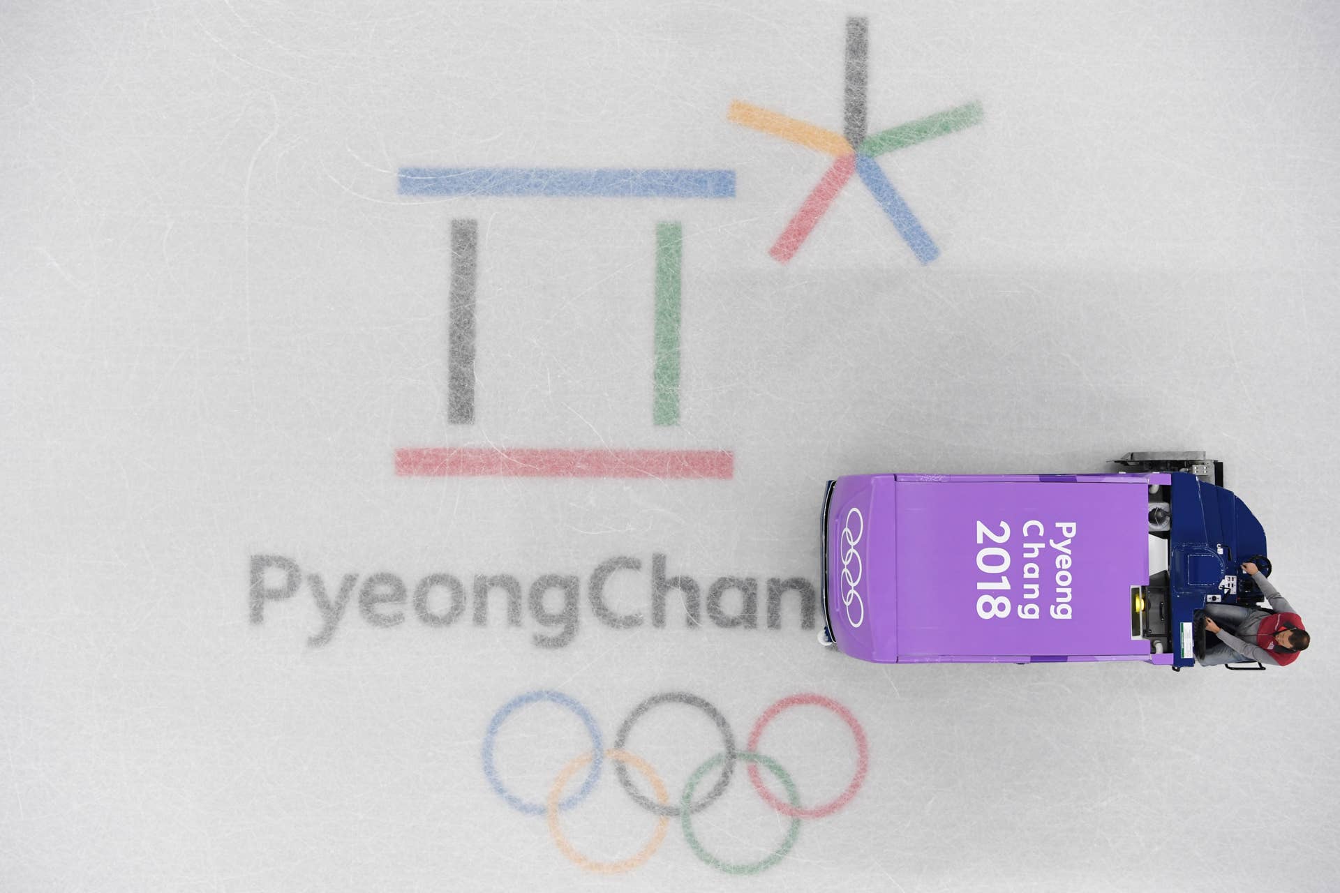 The Zamboni machine resurfaces the ice during the Pyeongchang 2018 Winter Olympic Games, at the Gangneung Ice Arena in Gangneung on February 10, 2018. / AFP PHOTO / Mladen ANTONOV (Photo credit should read MLADEN ANTONOV/AFP/Getty Images)