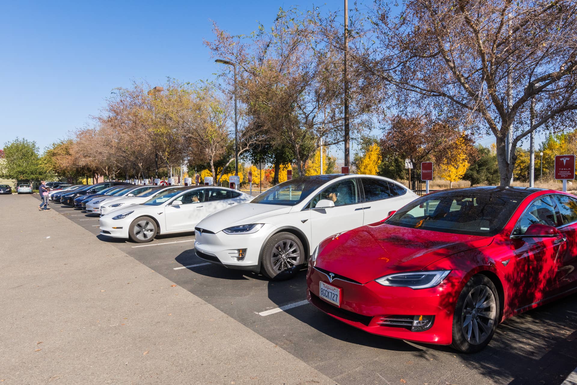 November 25, 2018 San Jose / CA / USA - Full Tesla charging station in south San Francisco bay area; Silicon Valley