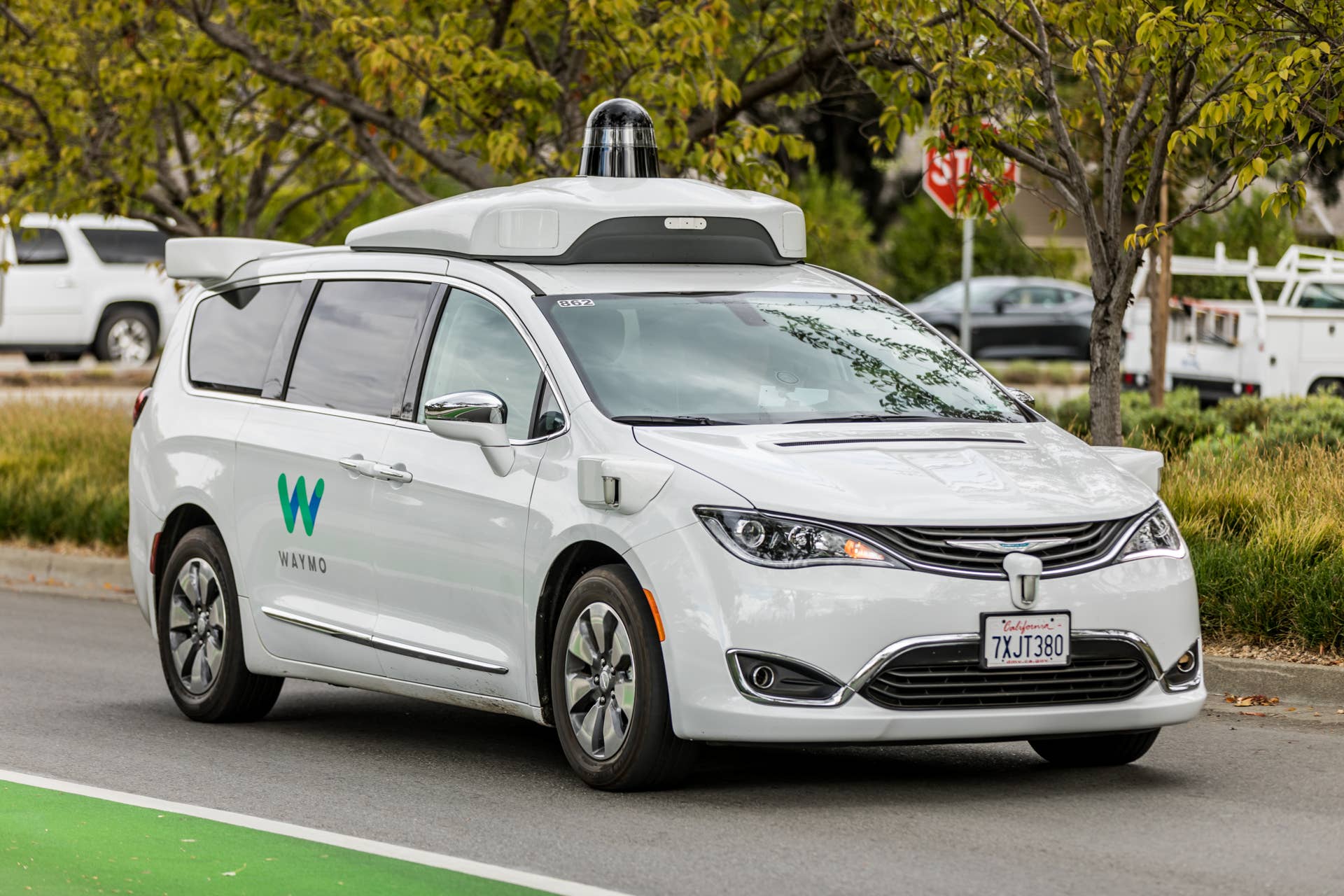 Mountain View, California, USA - November 3, 2017: .A Waymo, customized Chrysler Pacifica Hybrid, used for Google's autonomous vehicle program near the company'u2019s headquarters in Mountain View, California