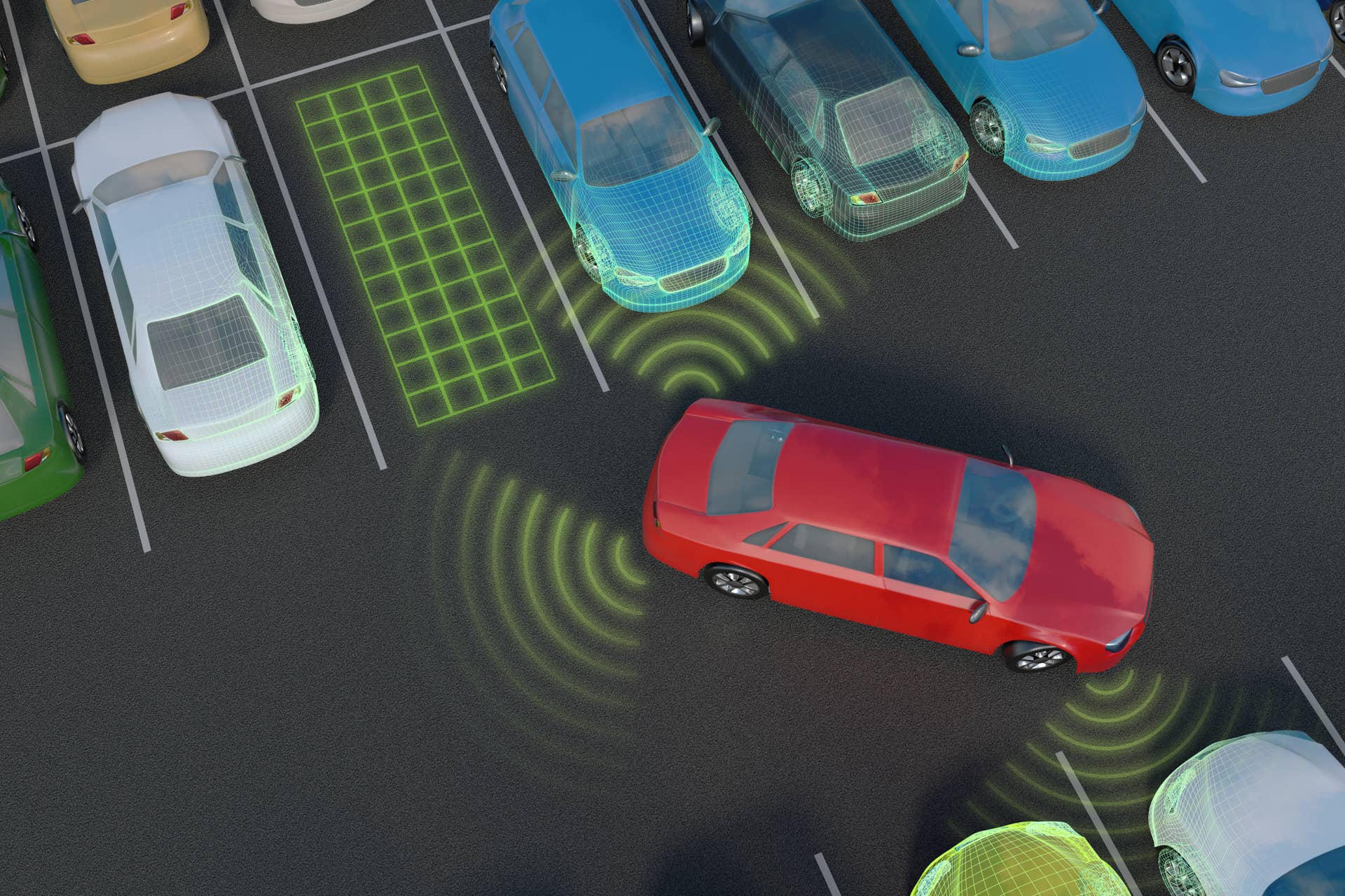 Car is parking with autonomous self-driving parking assistant. 3D rendered illustration.