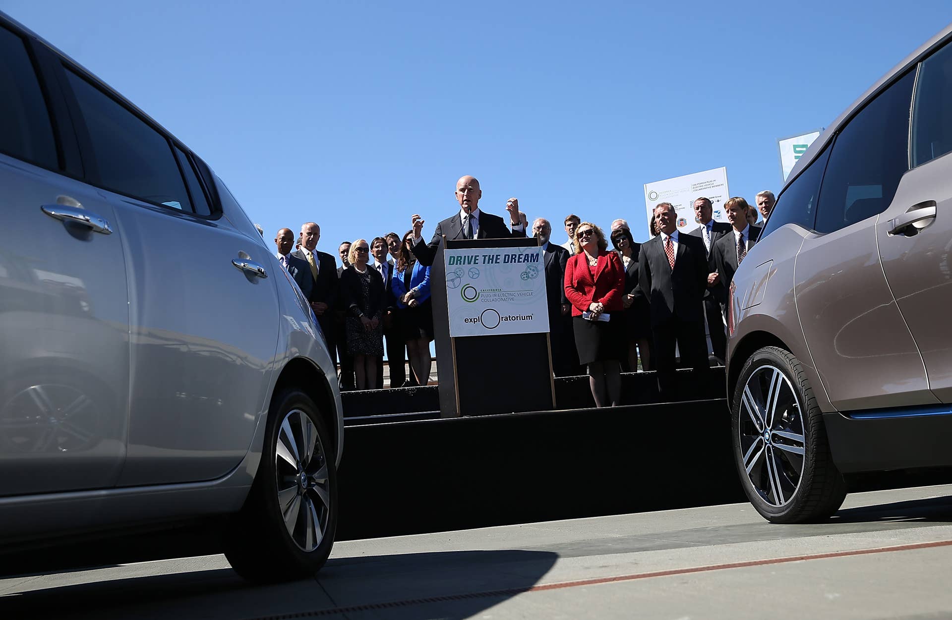 SAN FRANCISCO, CA - SEPTEMBER 16: California Gov. Jerry Brown speaks during the Drive The Dream event at the Exploratorium on September 16, 2013 in San Francisco, California. California Gov. Jerry Brown met with California corporate leaders at Drive The Dream to discuss progress in the adoption of electric vehicles and workplace charging stations at businesses in the state. (Photo by Justin Sullivan/Getty Images)
