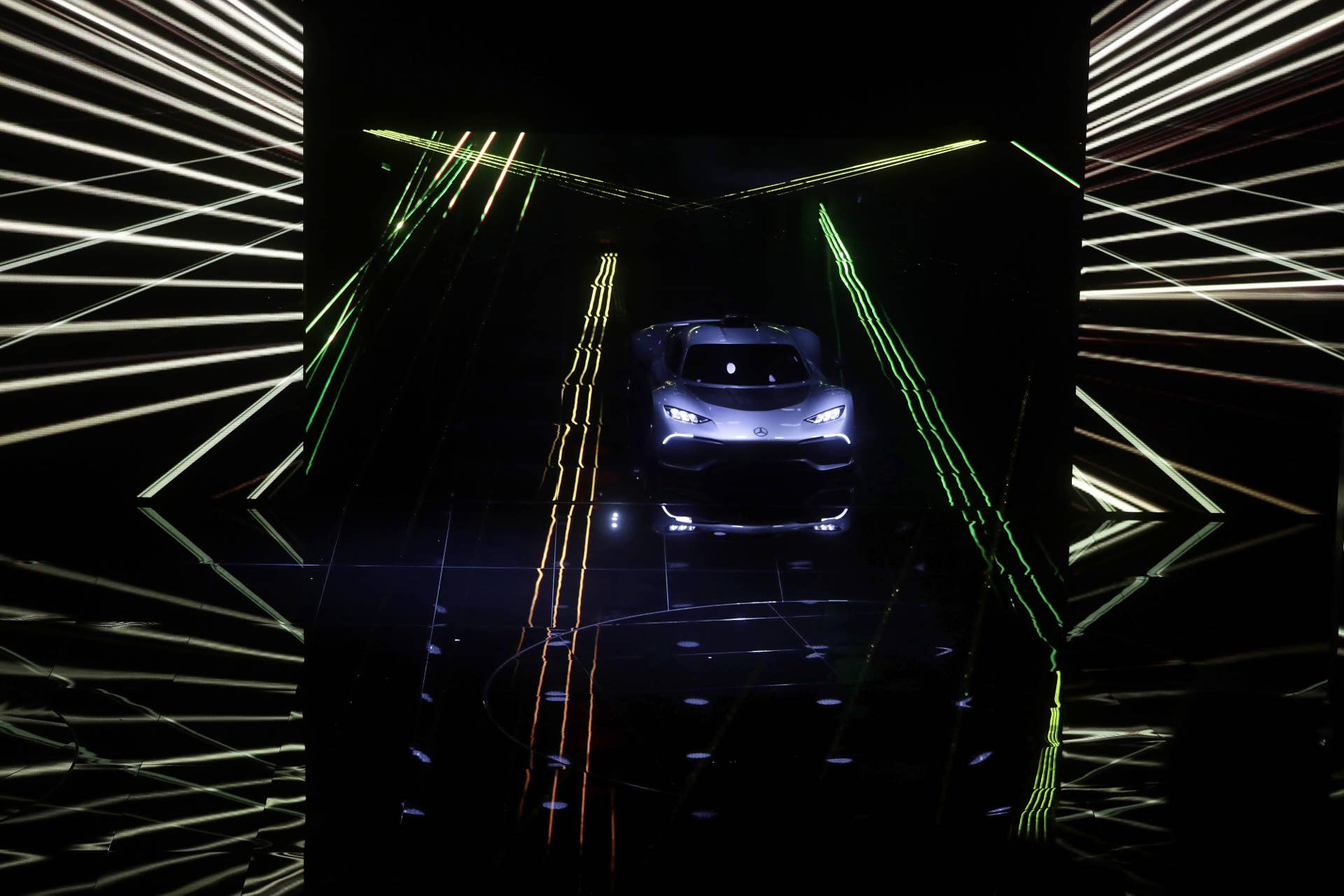 A Mercedes-Benz AMG Project One hypercar drives onto stage during the first media preview day of the IAA Frankfurt Motor Show in Frankfurt, Germany, on Tuesday, Sept. 12, 2017. The 67th IAA opens to the public on Sept. 14 and features must-have vehicles and motoring technology from over 1,000 exhibitors in a space equivalent to 33 soccer fields. Photographer: Simon Dawson/Bloomberg via Getty Images
