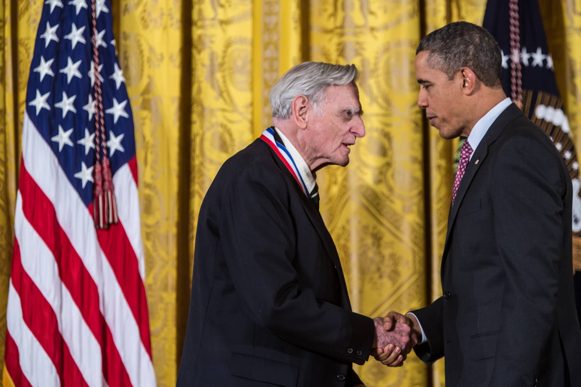 WASHINGTON, DC - FEBRUARY 1: President Barack Obama awards the National Medal of Science to John B. Goodenough in a ceremony at the White House on February 1, 2013 in Washington, DC. The National Medal of Science recognizes individuals who have made outstanding contributions to science and engineering, while the National Medal of Technology and Innovation recognizes those who have made lasting contributions to America's competitiveness and quality of life and helped strengthen the Nation's technological workforce. (Photo by Brendan Hoffman/Getty Images)