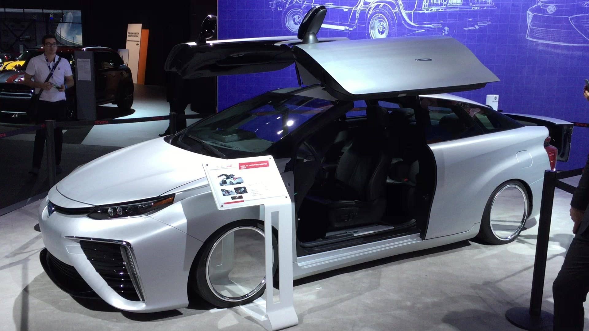 Based on the Back To The Future movies, this modified Mirai hydrogen fuel cell car has gull-wing doors like the famous DeLorean, and comes complete with a Mr. Fusion. Seen at the 2015 LA Auto Show.