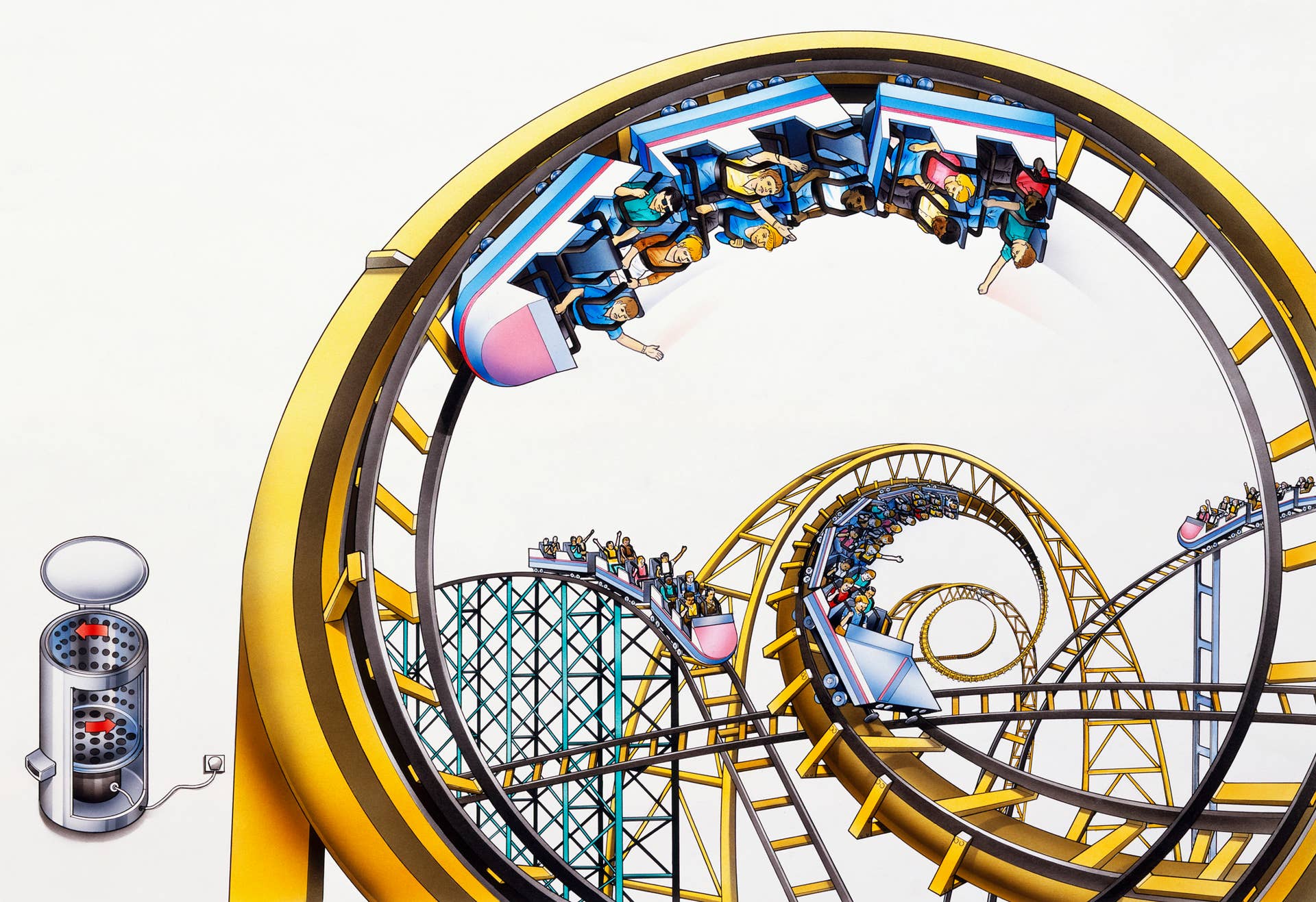 Passengers upside down in coaster cars on roller coaster ride in amusement park